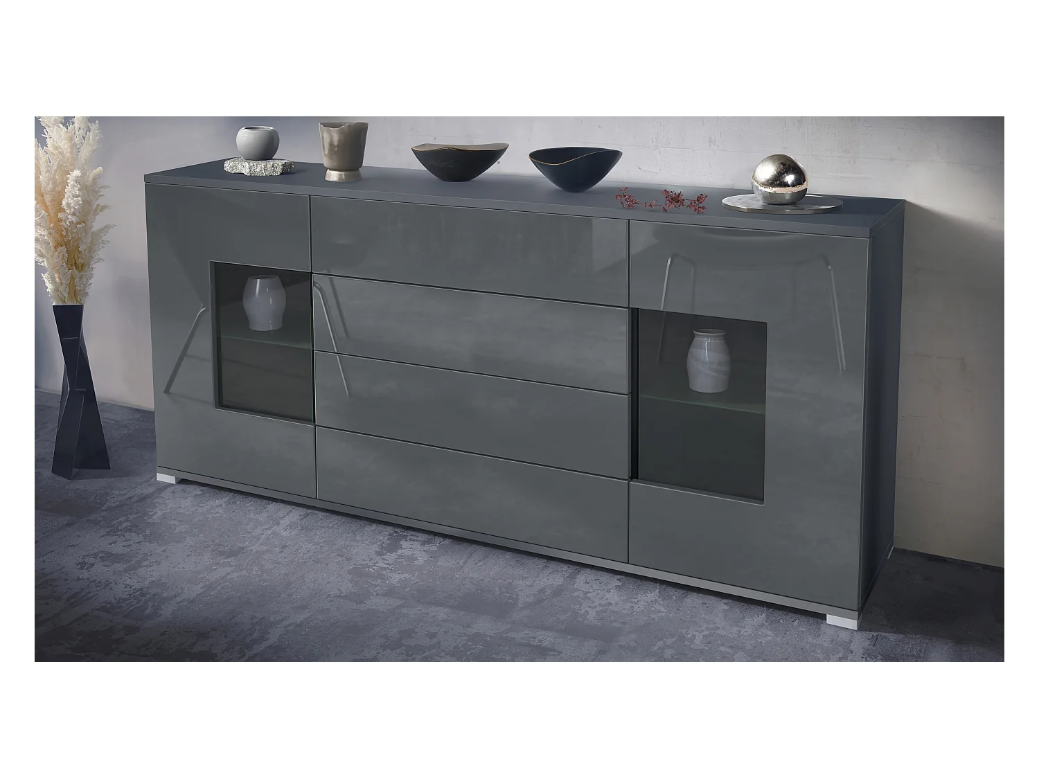Buffet Grömitz V2 – Meuble avec 2 Grandes Portes et 4 Tiroirs, anthracite mat/gris haute brillance (166,5 x 75,5 x 35)