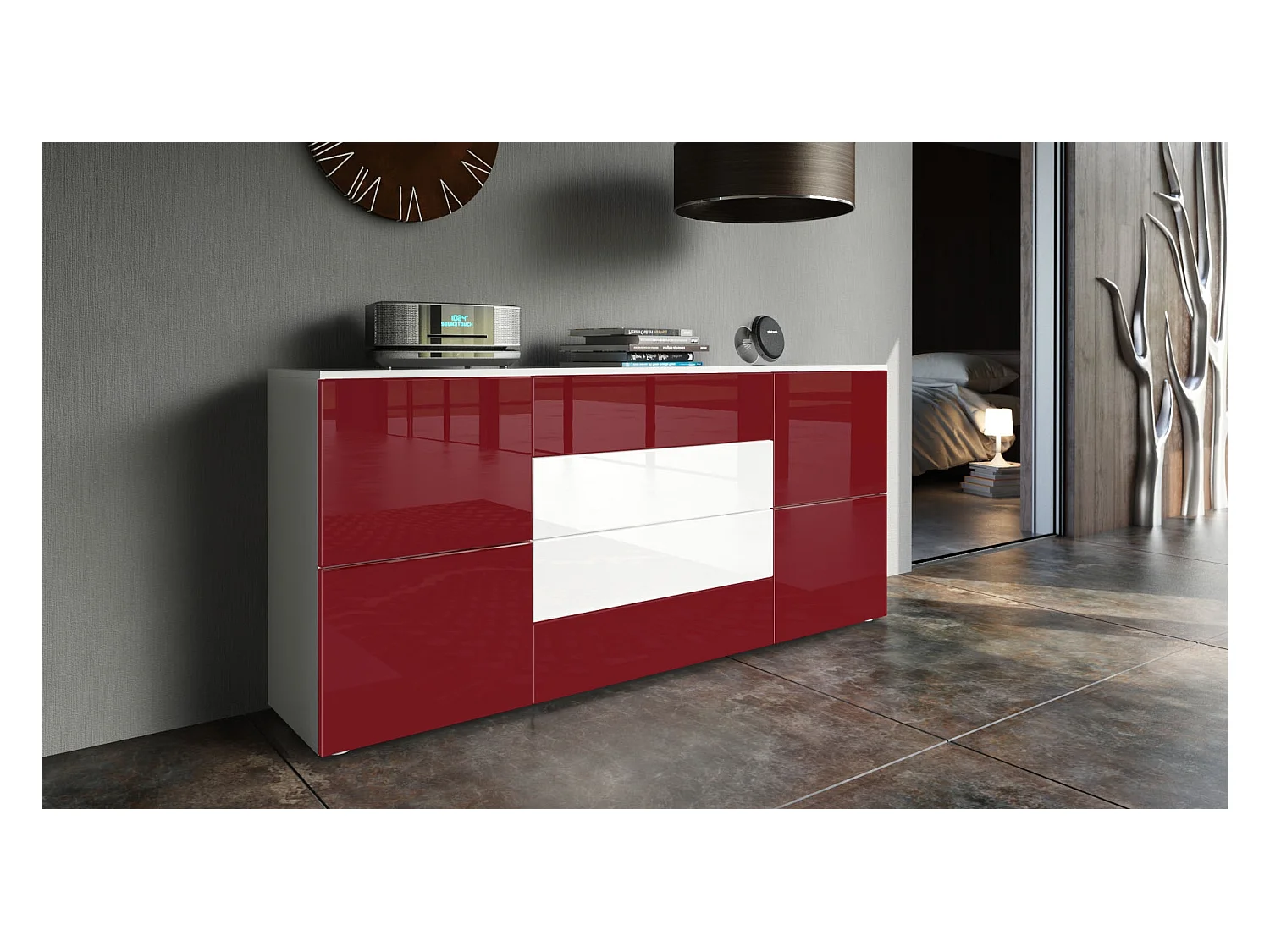 Buffet Rova, Commode avec 4 portes et 4 tiroirs, Blanc mat/Bordeaux haute brillance (166 x 72 x 35 cm)