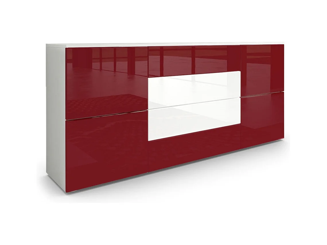 Buffet Rova, Commode avec 4 portes et 4 tiroirs, Blanc mat/Bordeaux haute brillance (166 x 72 x 35 cm)