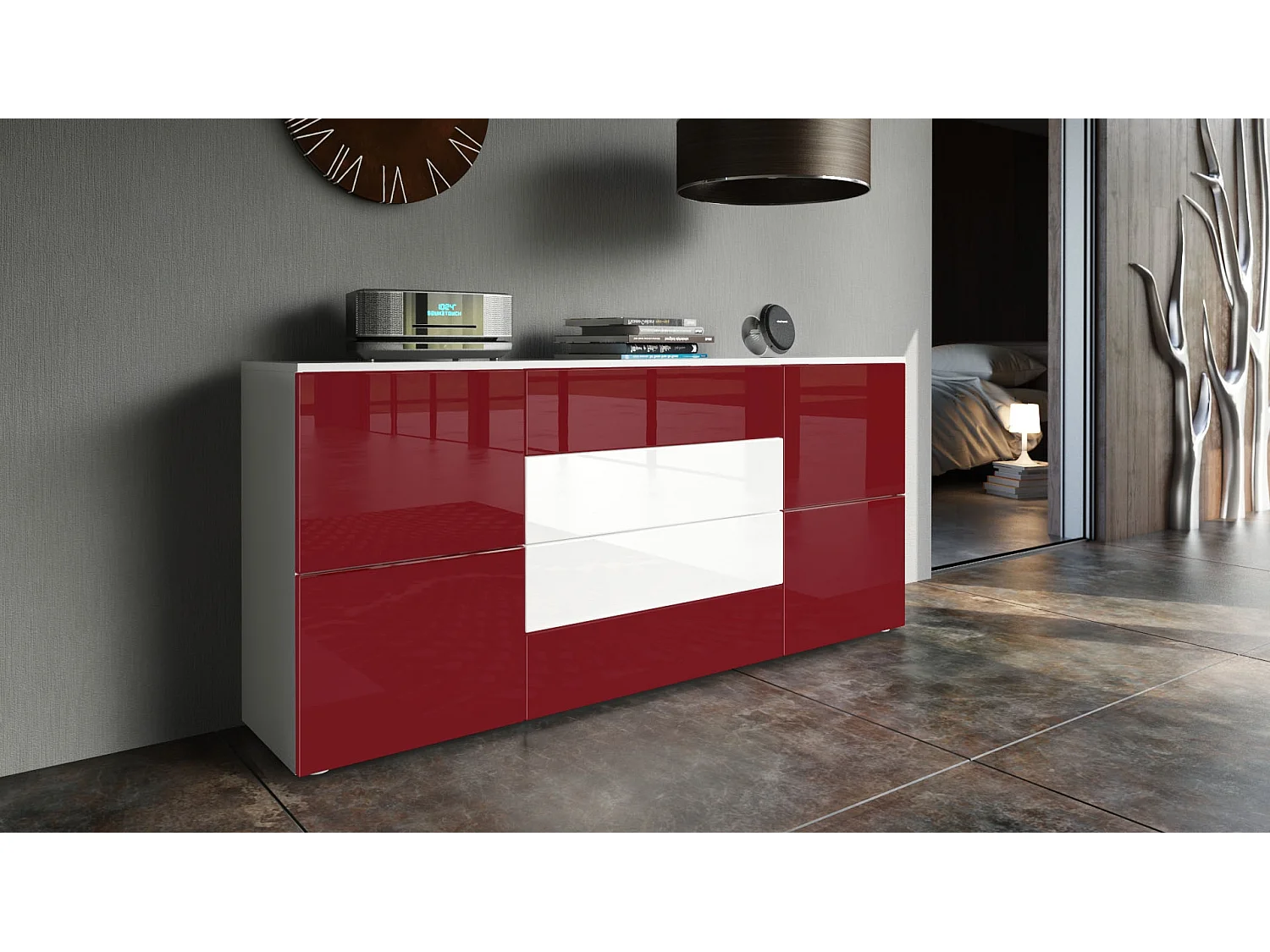 Buffet Rova, Commode avec 4 portes et 4 tiroirs, Blanc mat/Bordeaux haute brillance (166 x 72 x 35 cm)