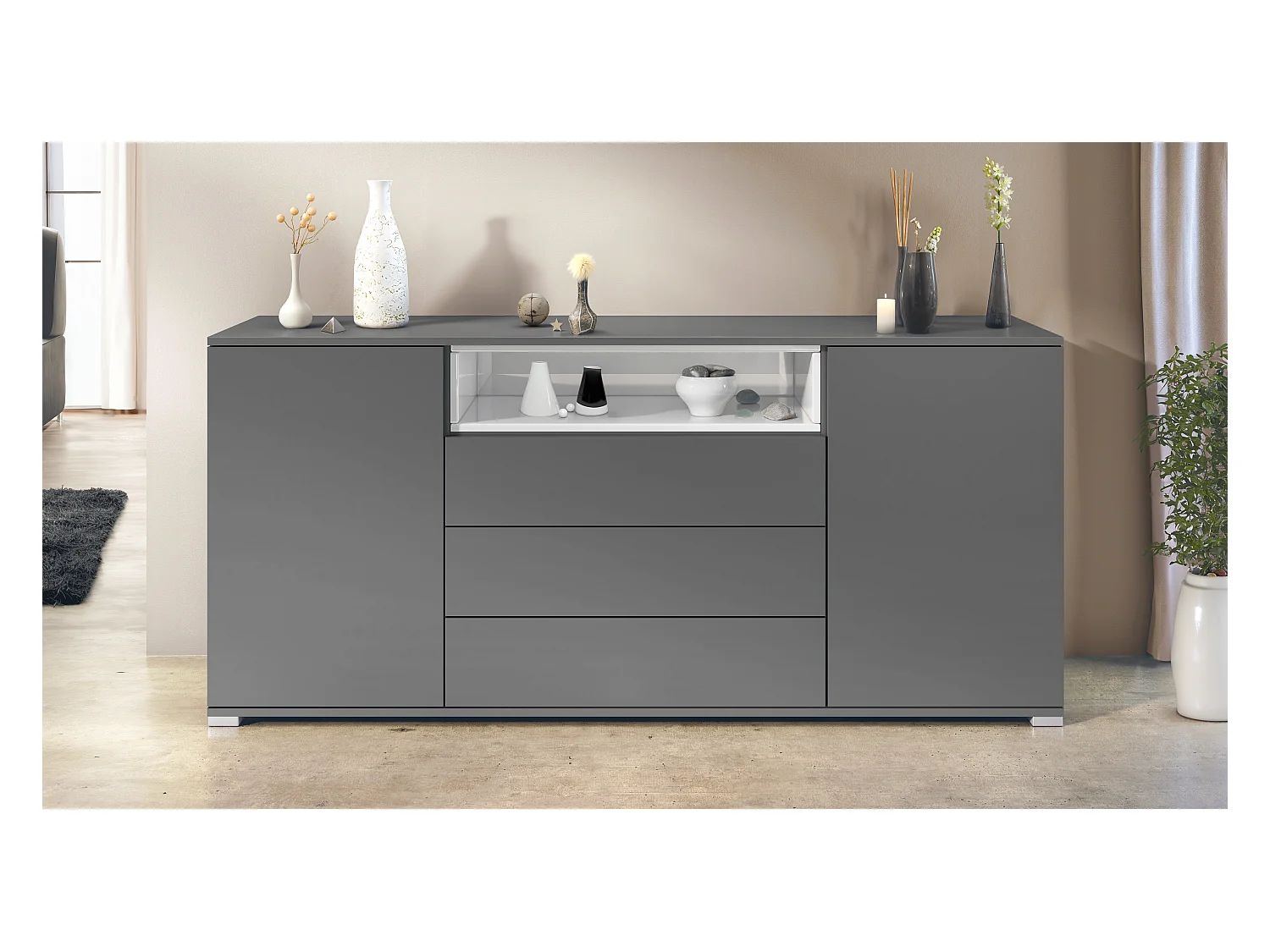 Skadu V4 Buffet, Commode avec 2 portes, 3 tiroirs et 1 compartiment ouvert, anthracite mat/blanc haute brillance (166,5 x 75,5 x 35 cm)