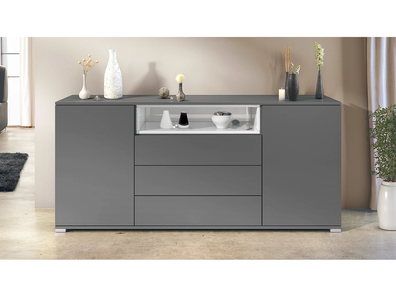 Skadu V4 Buffet, Commode avec 2 portes, 3 tiroirs et 1 compartiment ouvert, anthracite mat/blanc haute brillance (166,5 x 75,5 x 35 cm)