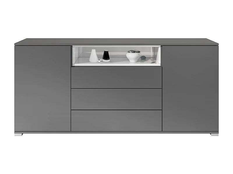 Skadu V4 Buffet, Commode avec 2 portes, 3 tiroirs et 1 compartiment ouvert, anthracite mat/blanc haute brillance (166,5 x 75,5 x 35 cm)