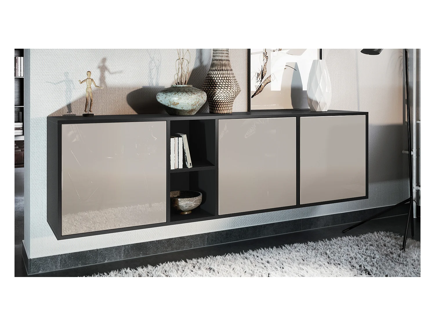 Commode Cuba - noir mat/gris sable haute brillance - Buffet moderne pour votre salon - (LxHxP) 182x53x35 cm