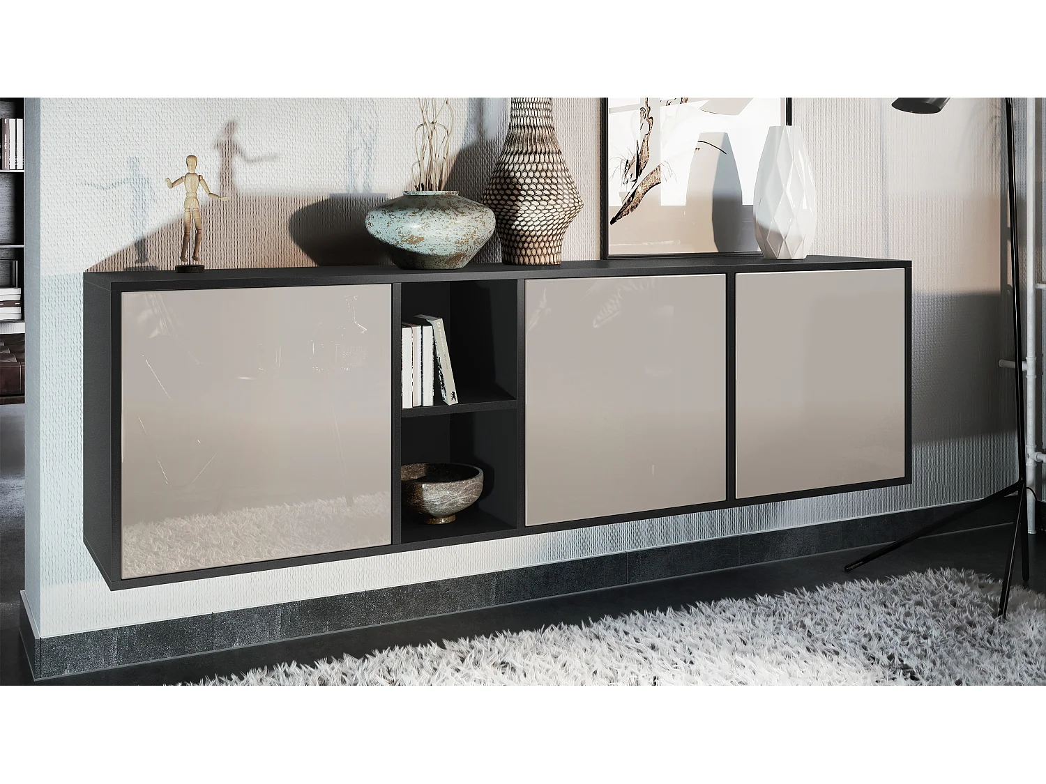 Vladon Cassettiera Cuba - nero opaco/grigio sabbia lucido - Credenza moderna per la zona giorno - (LxAxP) 182x53x35 cm