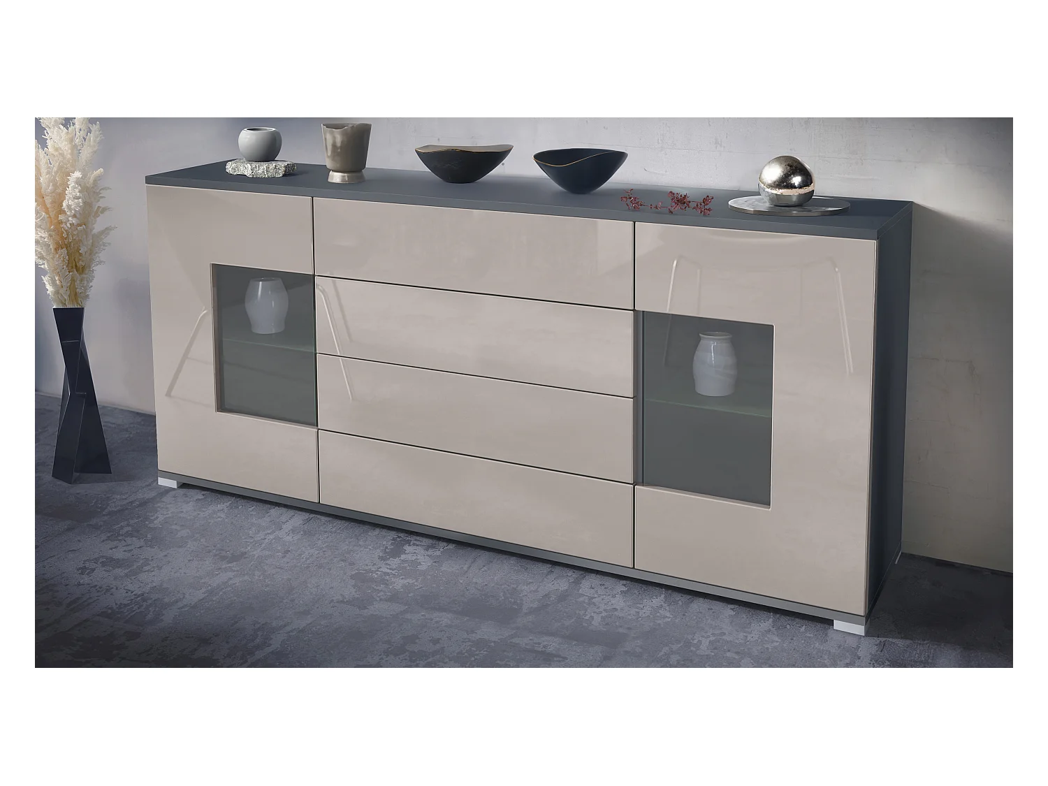Buffet Grömitz V2 – Meuble avec 2 Grandes Portes et 4 Tiroirs, anthracite mat/gris sable haute brillance (166,5 x 75,5 x 35)
