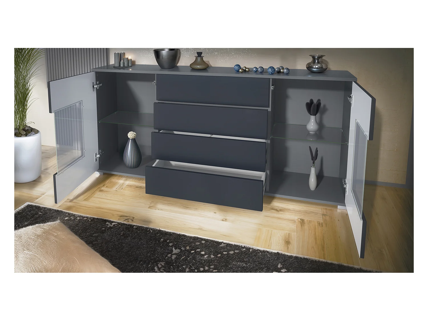 Buffet Grömitz V2 – Meuble avec 2 Grandes Portes et 4 Tiroirs, anthracite mat/gris sable haute brillance (166,5 x 75,5 x 35)