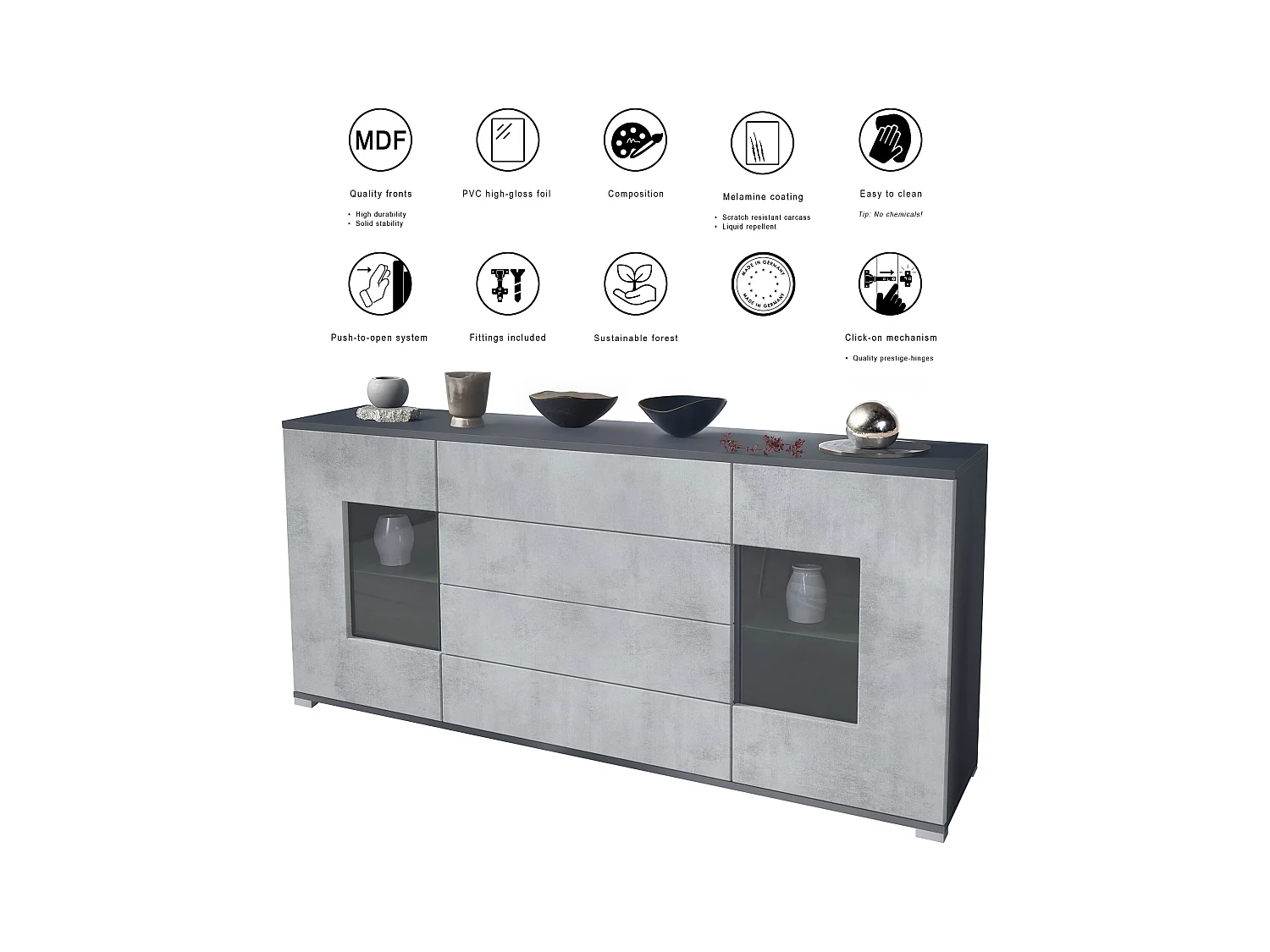 Buffet Grömitz V2 – Meuble avec 2 Grandes Portes et 4 Tiroirs, anthracite mat/gris sable haute brillance (166,5 x 75,5 x 35)