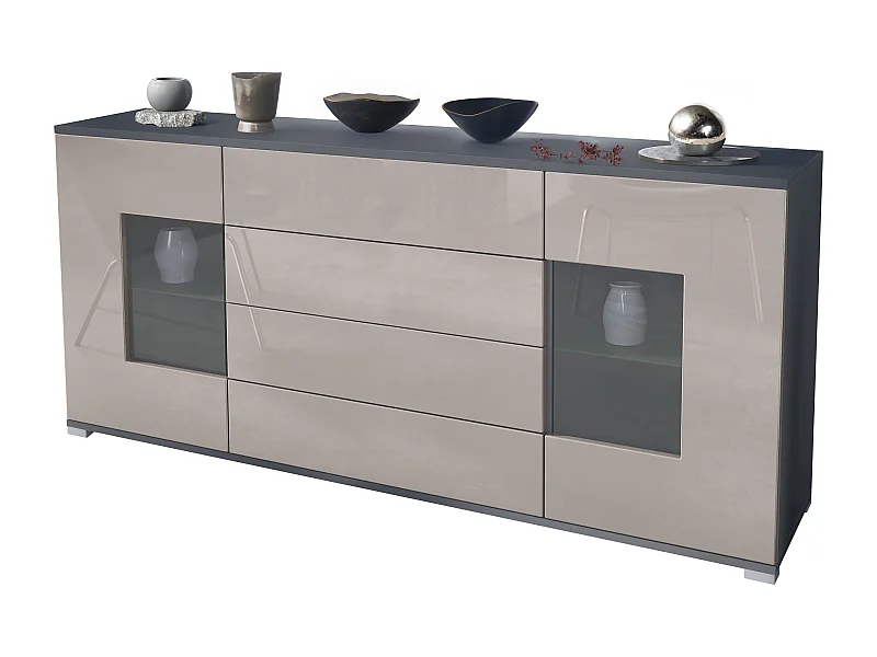 Credenza Grömitz V2 – Mobile con 2 Grandi Ante e 4 Cassetti, antracite opaco /grigio sabbia lucido (166,5 x 75,5 x 35)