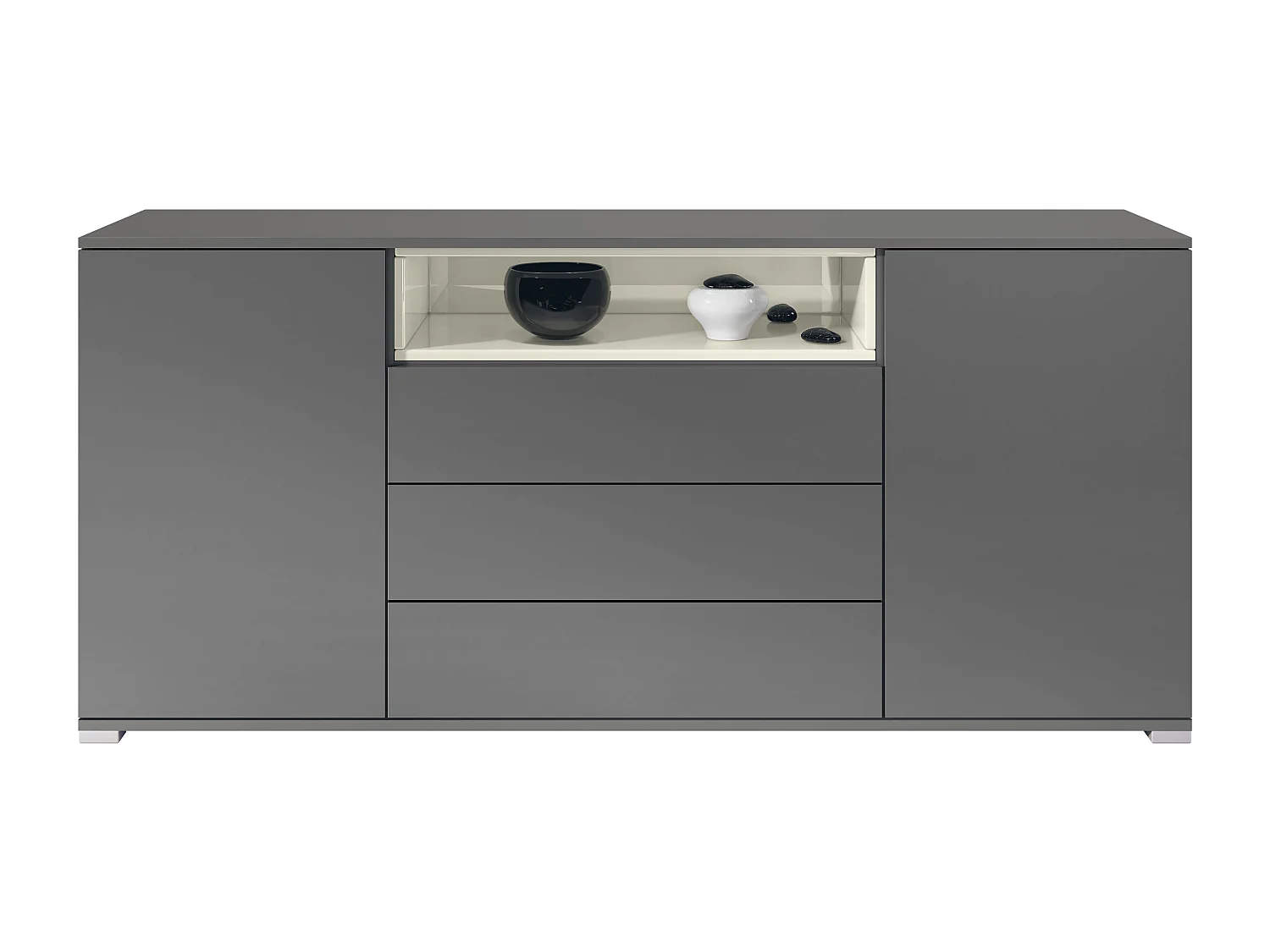 Skadu V4 Buffet, Commode avec 2 portes, 3 tiroirs et 1 compartiment ouvert, anthracite mat/crème haute brillance (166,5 x 75,5 x 35 cm)