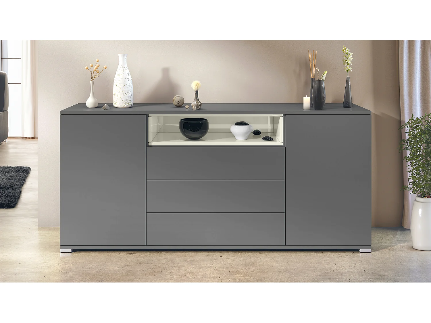 Skadu V4 Buffet, Commode avec 2 portes, 3 tiroirs et 1 compartiment ouvert, anthracite mat/crème haute brillance (166,5 x 75,5 x 35 cm)