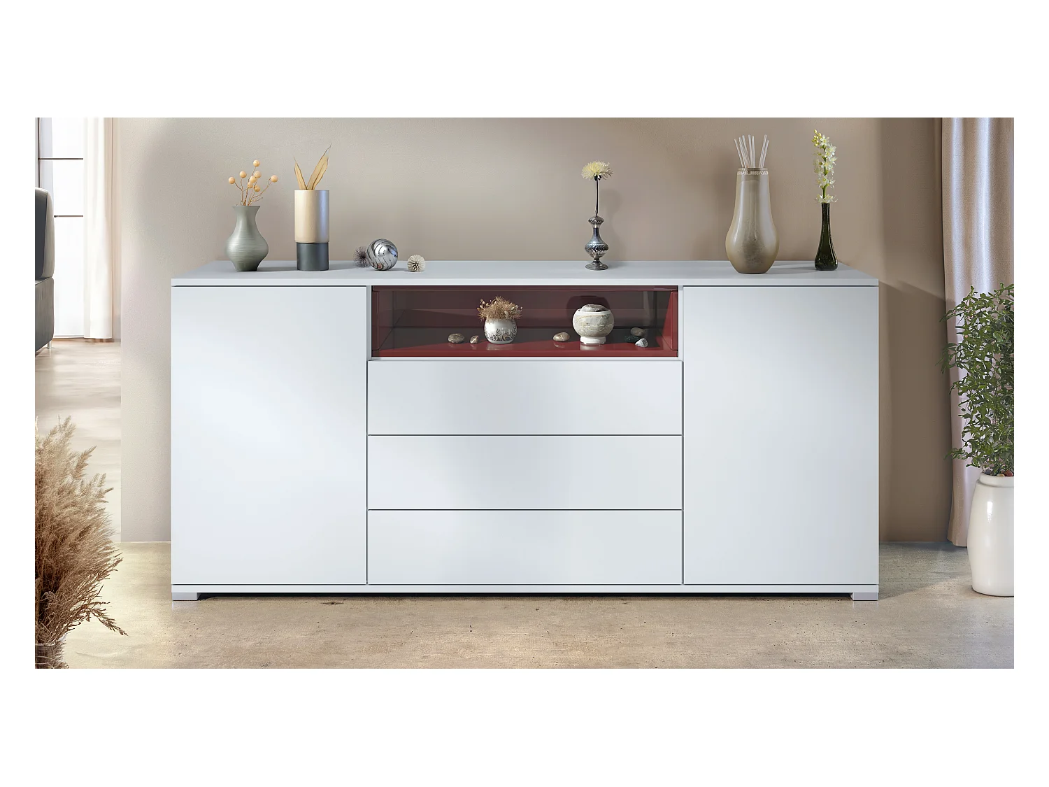 Skadu V4 Buffet, Commode avec 2 portes, 3 tiroirs et 1 compartiment ouvert, blanc mat/bordeaux haute brillance (166,5 x 75,5 x 35 cm)