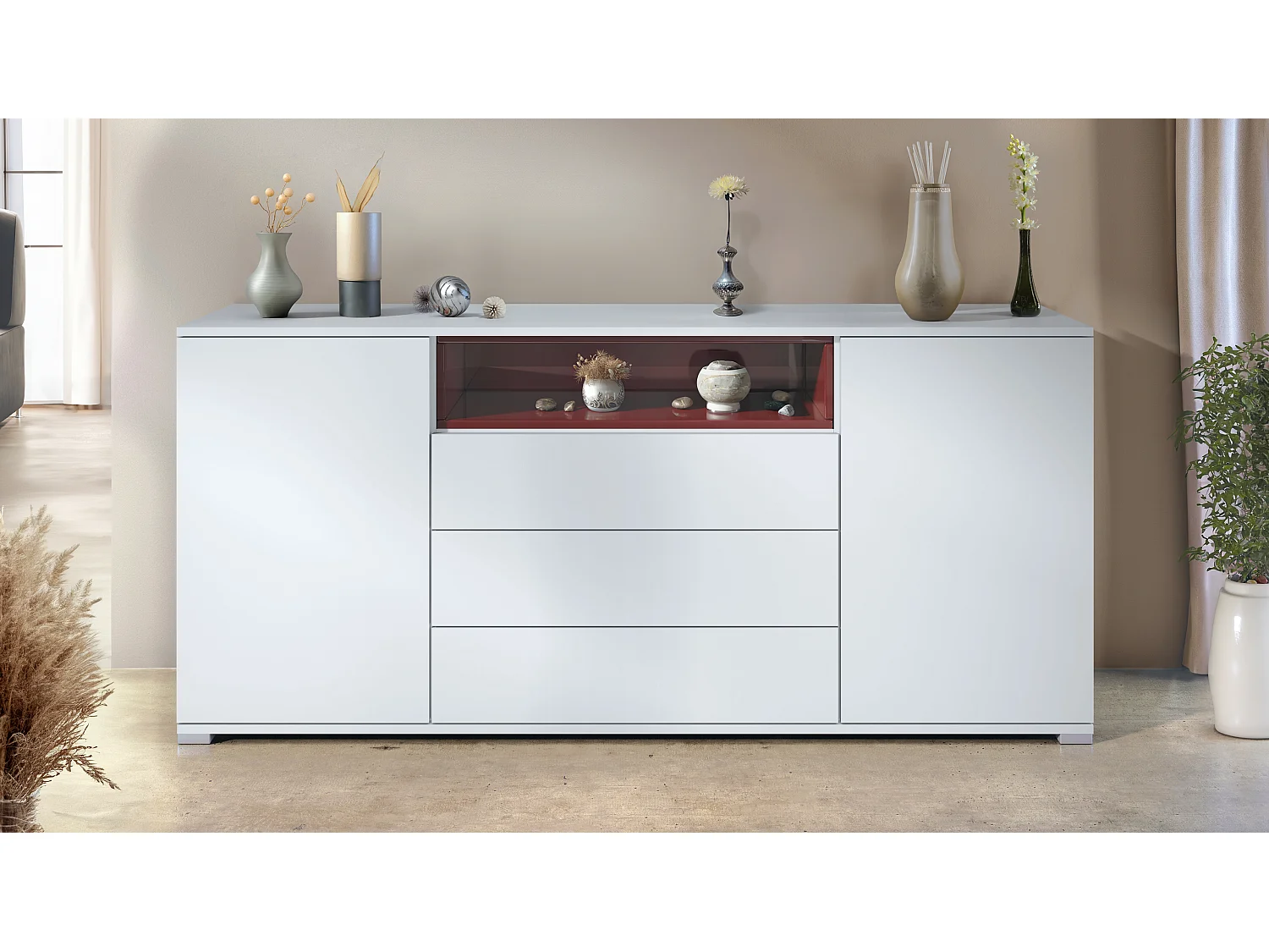 Skadu V4 Buffet, Commode avec 2 portes, 3 tiroirs et 1 compartiment ouvert, blanc mat/bordeaux haute brillance (166,5 x 75,5 x 35 cm)