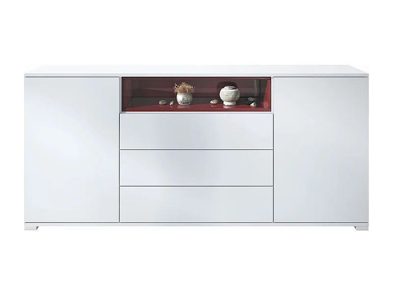 Skadu V4 Buffet, Commode avec 2 portes, 3 tiroirs et 1 compartiment ouvert, blanc mat/bordeaux haute brillance (166,5 x 75,5 x 35 cm)