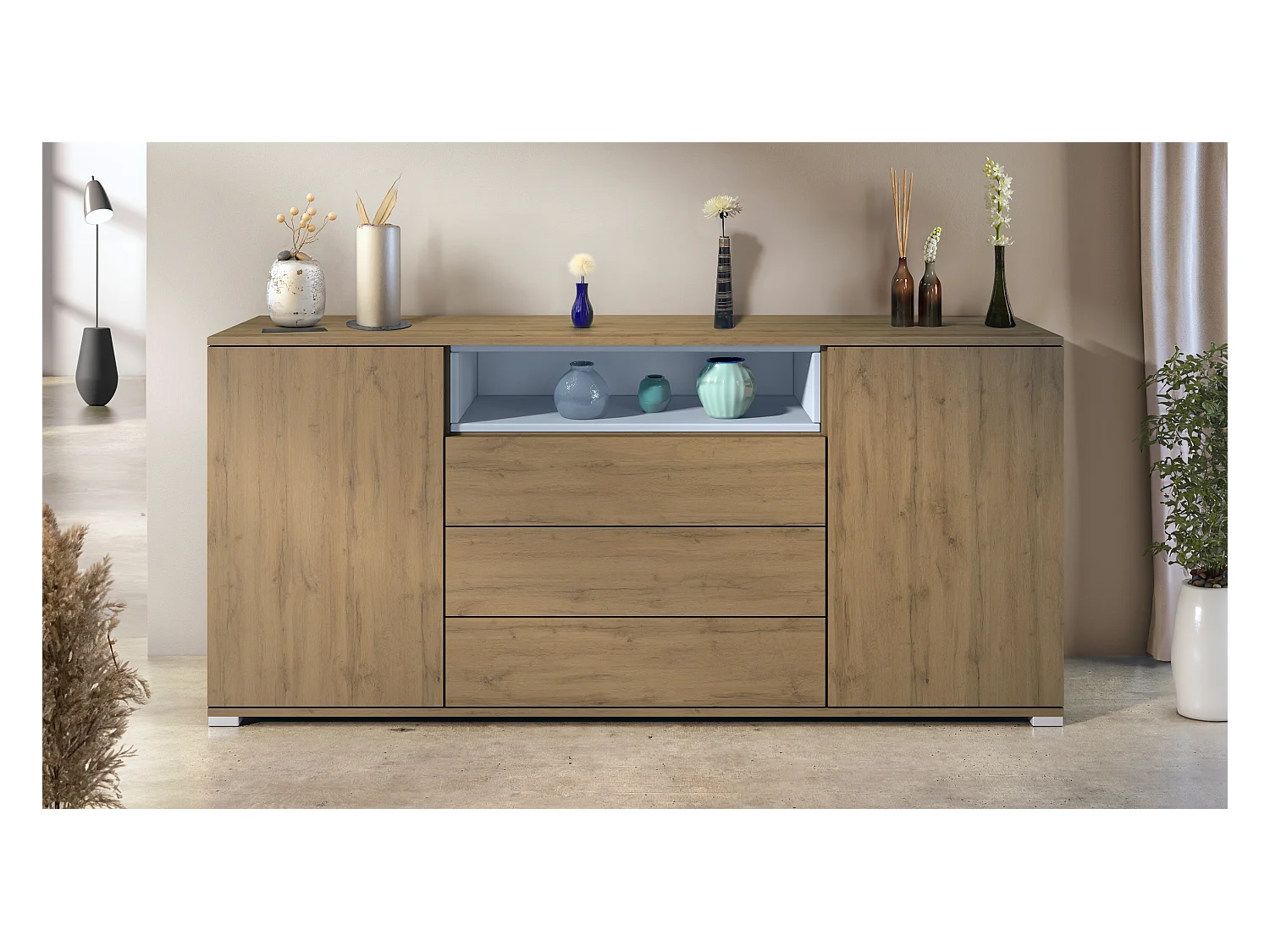 Skadu V4 Buffet, Commode avec 2 portes, 3 tiroirs et 1 compartiment ouvert, Chêne Evoke/denim mat (166,5 x 75,5 x 35 cm)