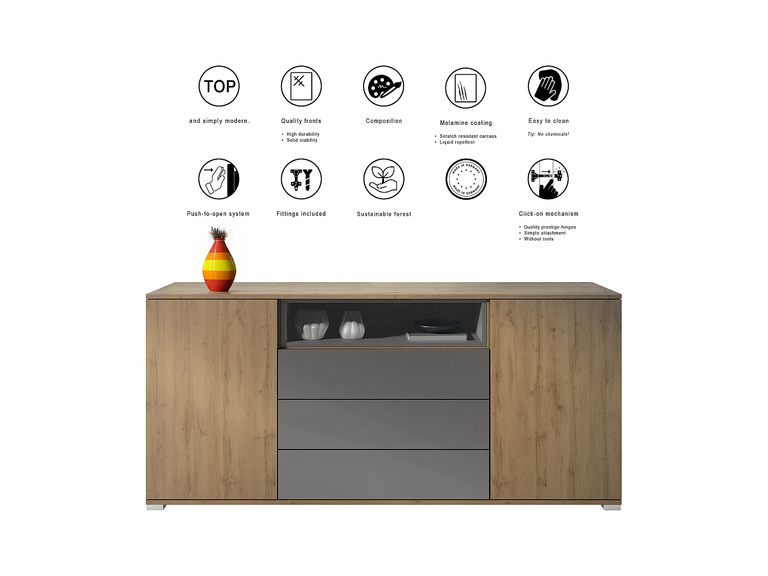 Skadu V4 Buffet, Commode avec 2 portes, 3 tiroirs et 1 compartiment ouvert, Chêne Evoke/denim mat (166,5 x 75,5 x 35 cm)