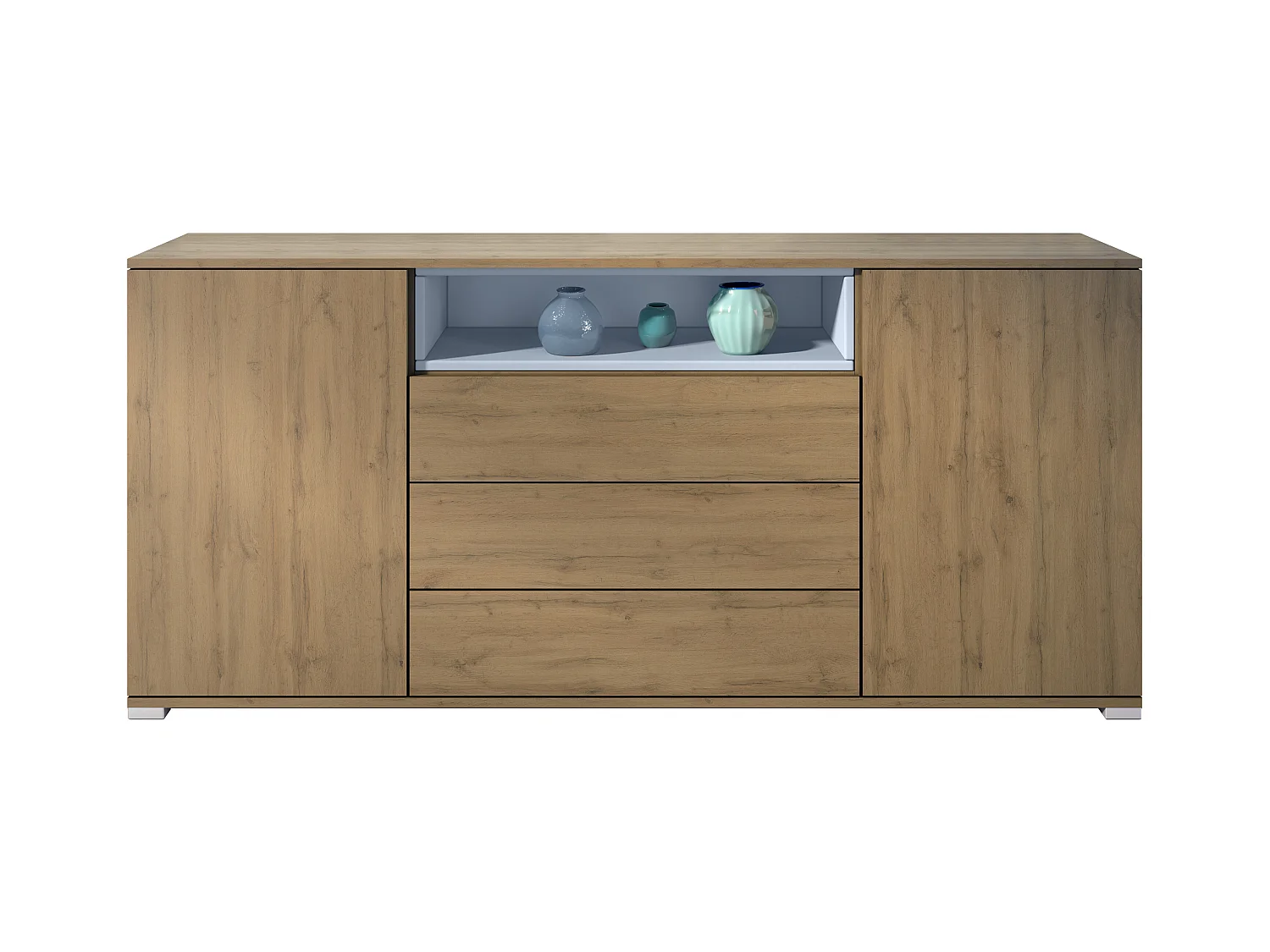 Skadu V4 Buffet, Commode avec 2 portes, 3 tiroirs et 1 compartiment ouvert, Chêne Evoke/denim mat (166,5 x 75,5 x 35 cm)