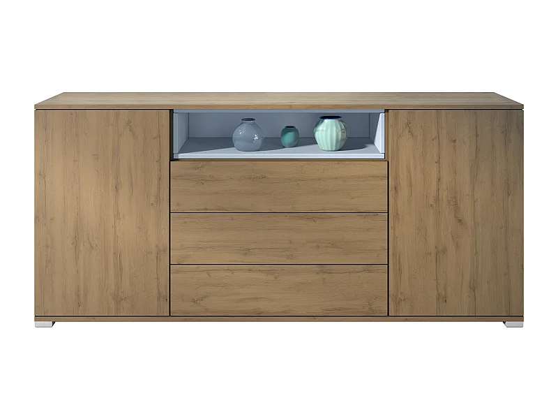 Skadu V4 Buffet, Commode avec 2 portes, 3 tiroirs et 1 compartiment ouvert, Chêne Evoke/denim mat (166,5 x 75,5 x 35 cm)