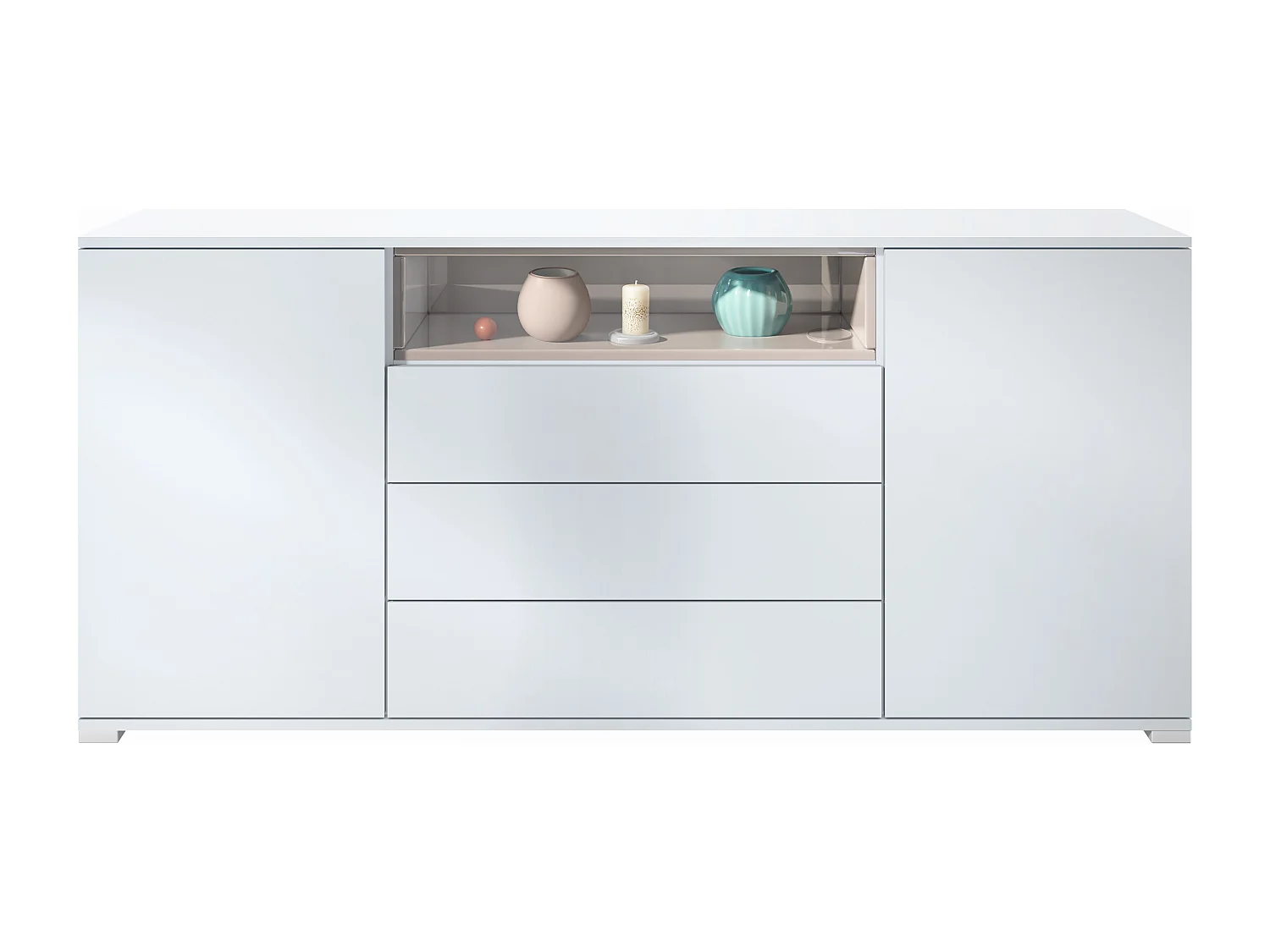 Skadu V4 Buffet, Commode avec 2 portes, 3 tiroirs et 1 compartiment ouvert, blanc mat/gris sable haute brillance (166,5 x 75,5 x 35 cm)