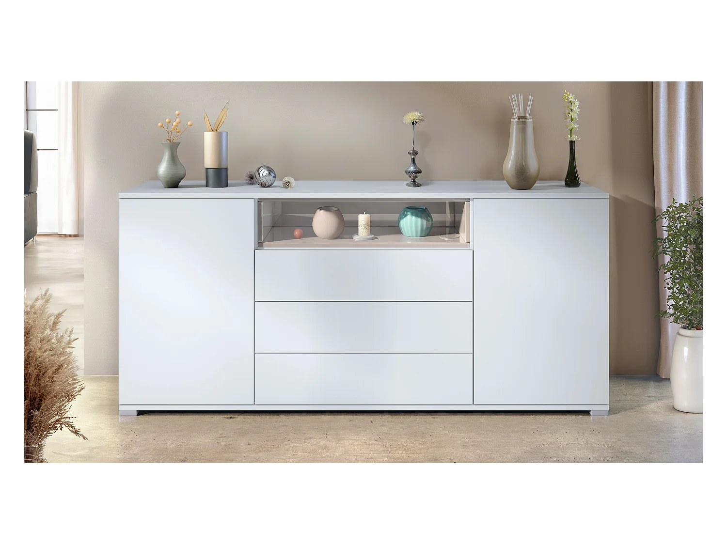 Skadu V4 Buffet, Commode avec 2 portes, 3 tiroirs et 1 compartiment ouvert, blanc mat/gris sable haute brillance (166,5 x 75,5 x 35 cm)