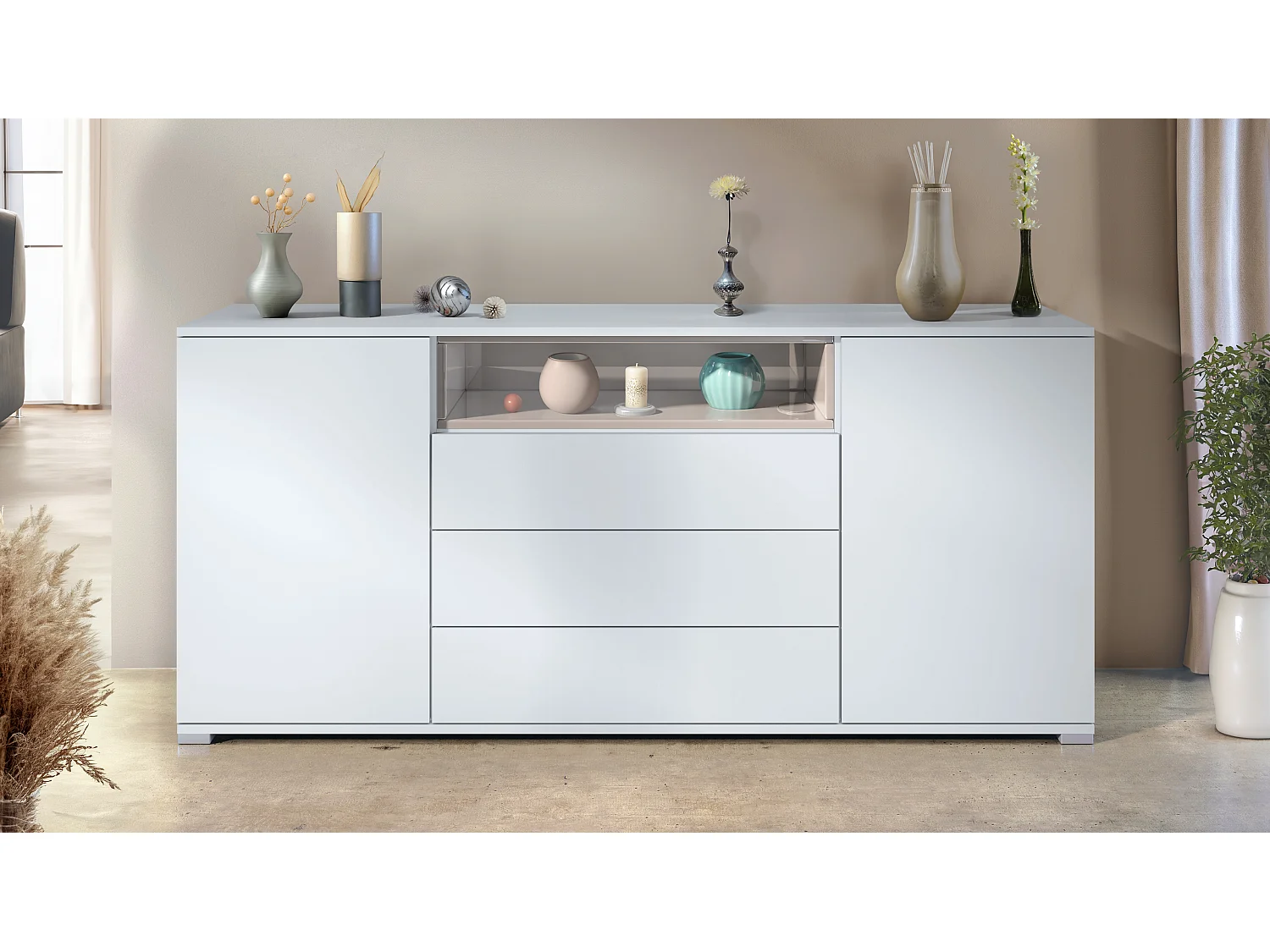 Skadu V4 Buffet, Commode avec 2 portes, 3 tiroirs et 1 compartiment ouvert, blanc mat/gris sable haute brillance (166,5 x 75,5 x 35 cm)