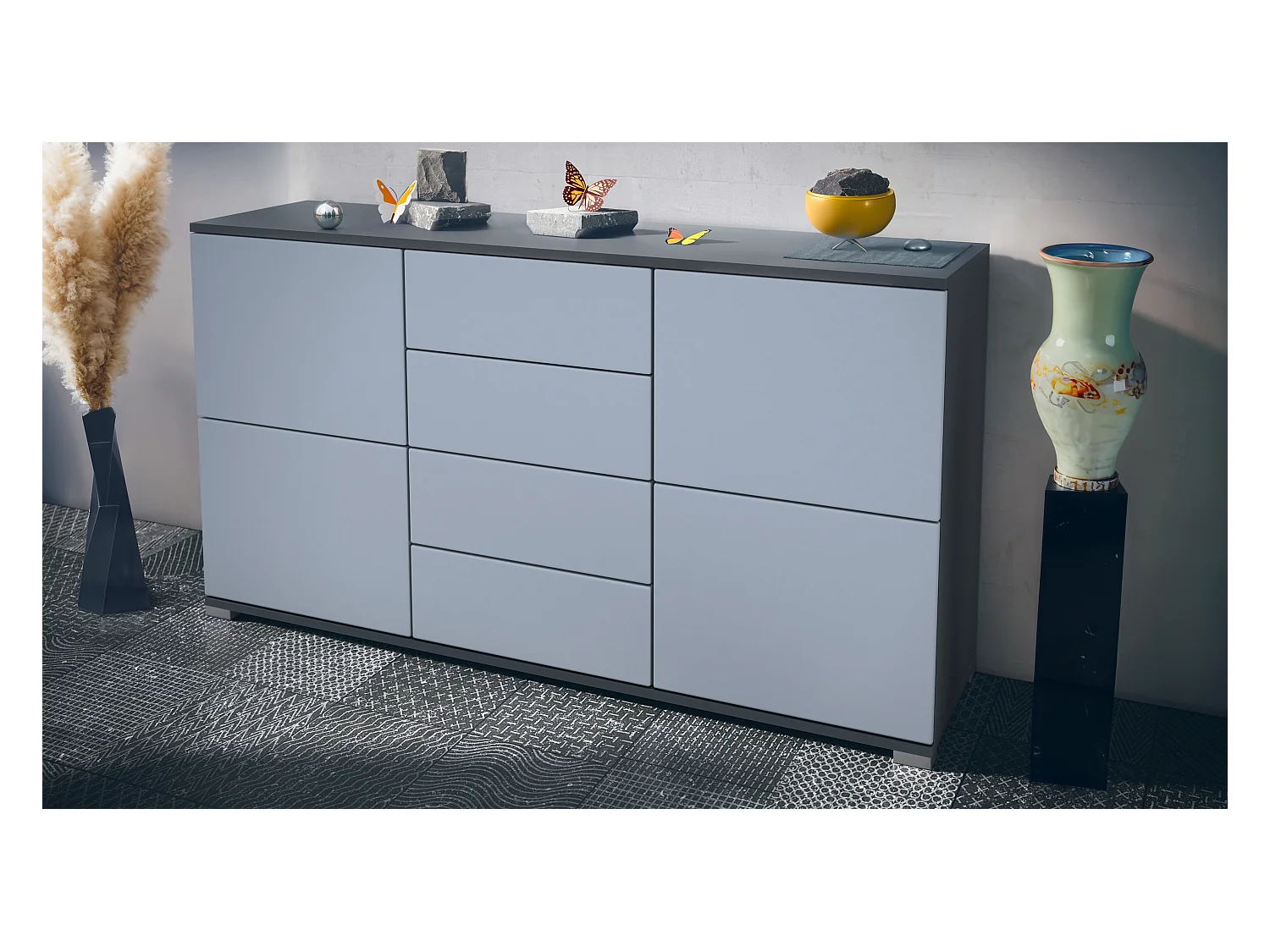 Aparador Rova V1 – Mueble con 4 Puertas y 4 Cajones, antracita mate/mezclilla mate (138,5 x 75,5 x 35)