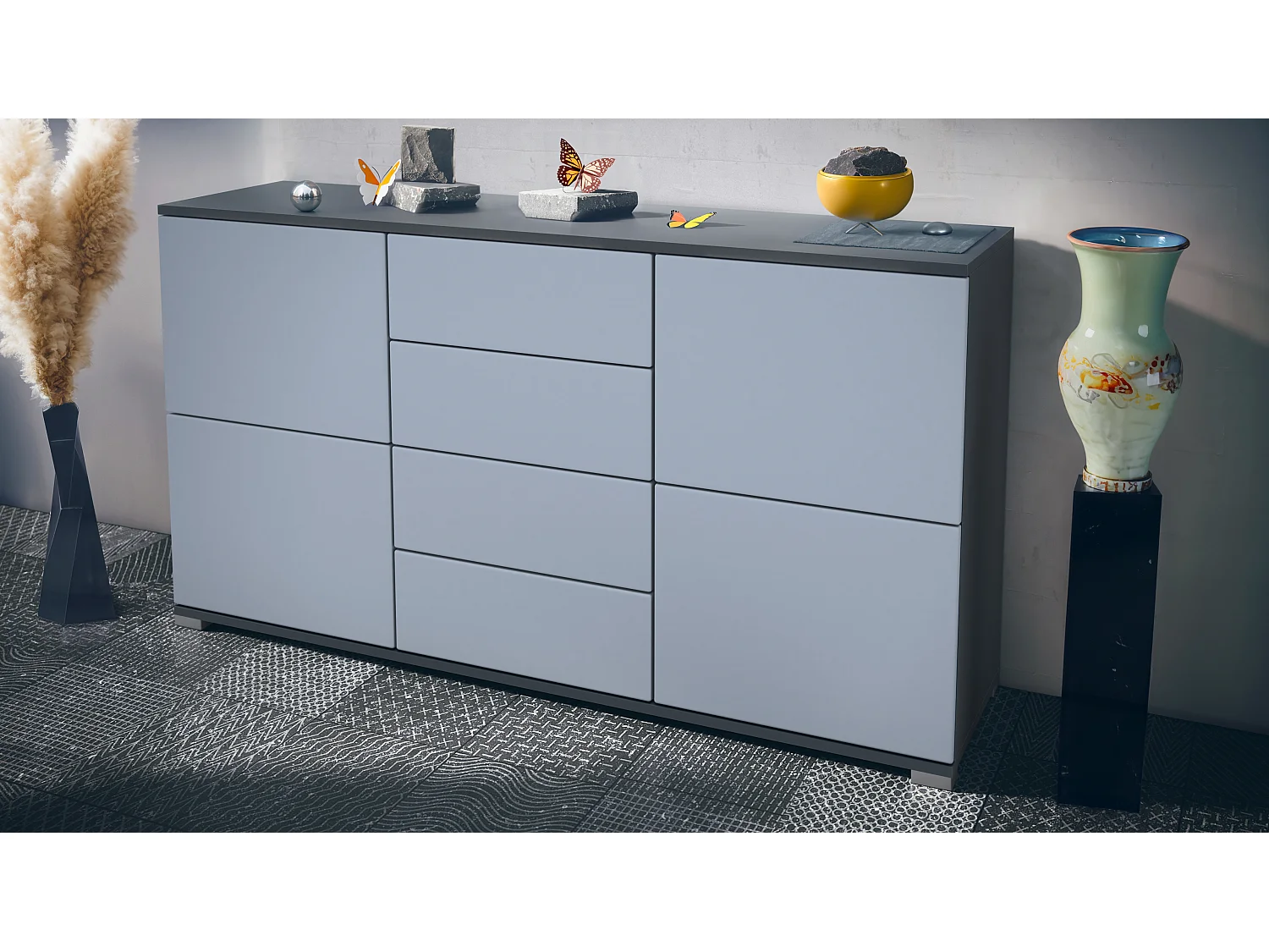Buffet Rova V1 – Meuble avec 4 Portes et 4 Tiroirs, anthracite mat/denim mat (138,5 x 75,5 x 35)