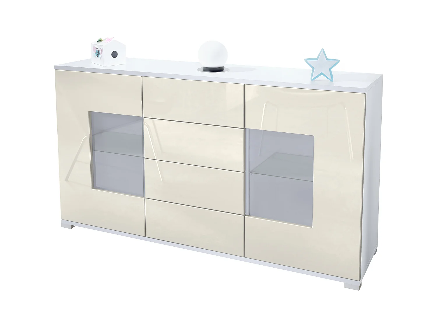 Buffet Grömitz V1 – Meuble avec 2 Grandes Portes et 4 Tiroirs, blanc mat/crème haute brillance (138,5 x 75,5 x 35)