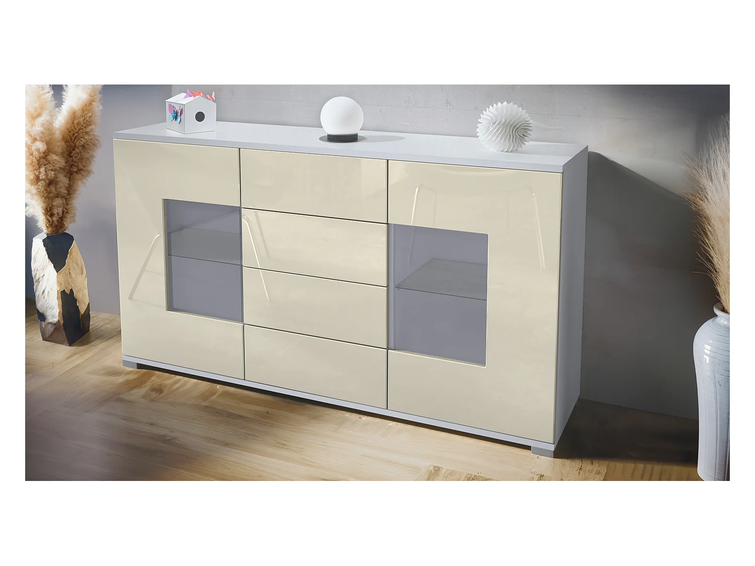Buffet Grömitz V1 – Meuble avec 2 Grandes Portes et 4 Tiroirs, blanc mat/crème haute brillance (138,5 x 75,5 x 35)