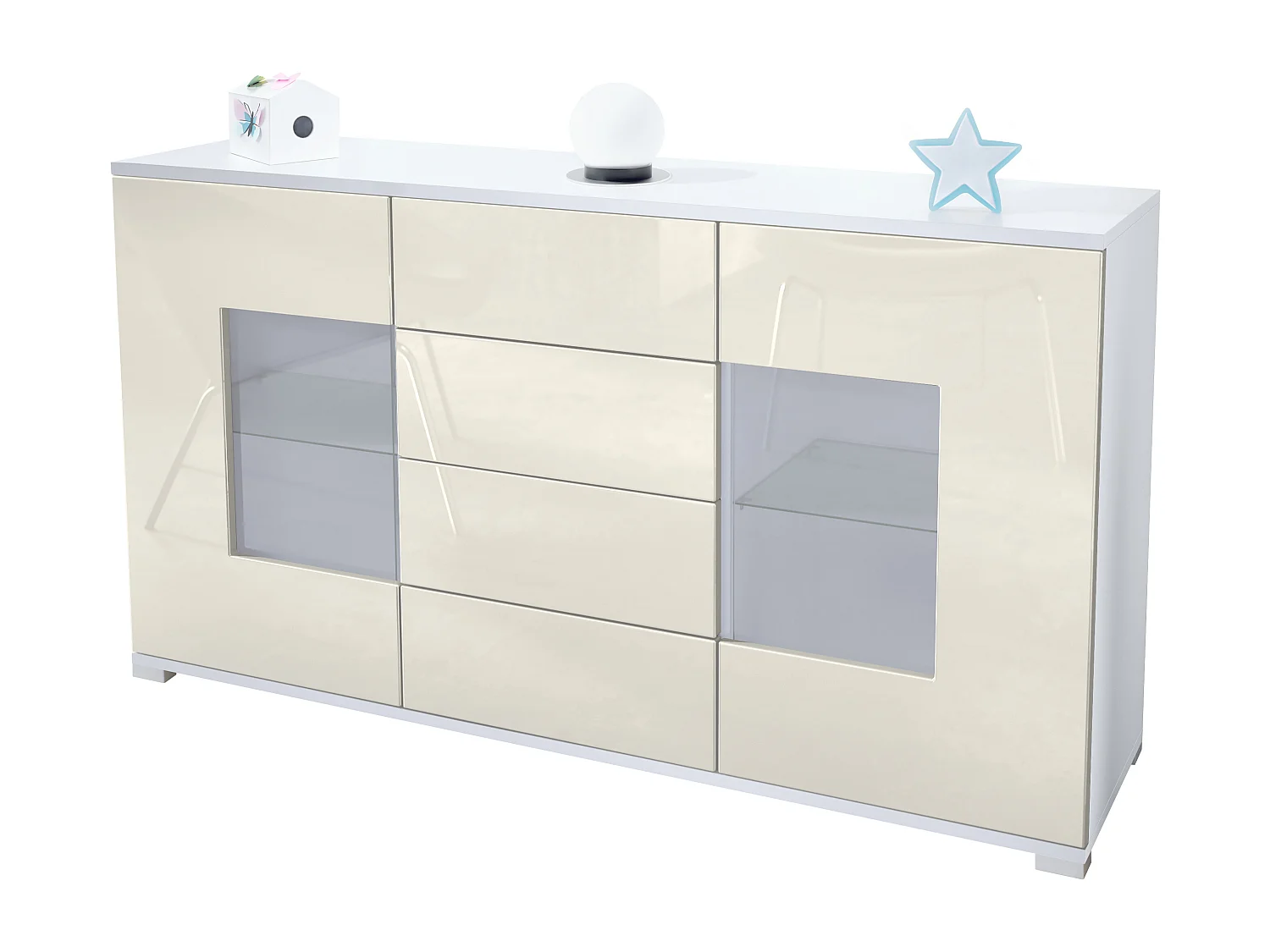 Buffet Grömitz V1 – Meuble avec 2 Grandes Portes et 4 Tiroirs, blanc mat/crème haute brillance (138,5 x 75,5 x 35)