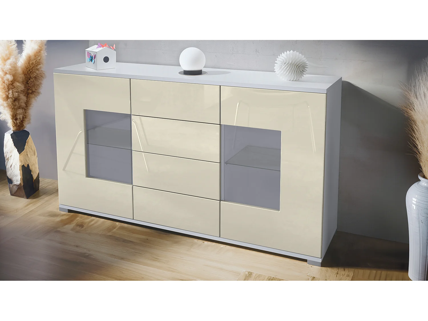 Buffet Grömitz V1 – Meuble avec 2 Grandes Portes et 4 Tiroirs, blanc mat/crème haute brillance (138,5 x 75,5 x 35)