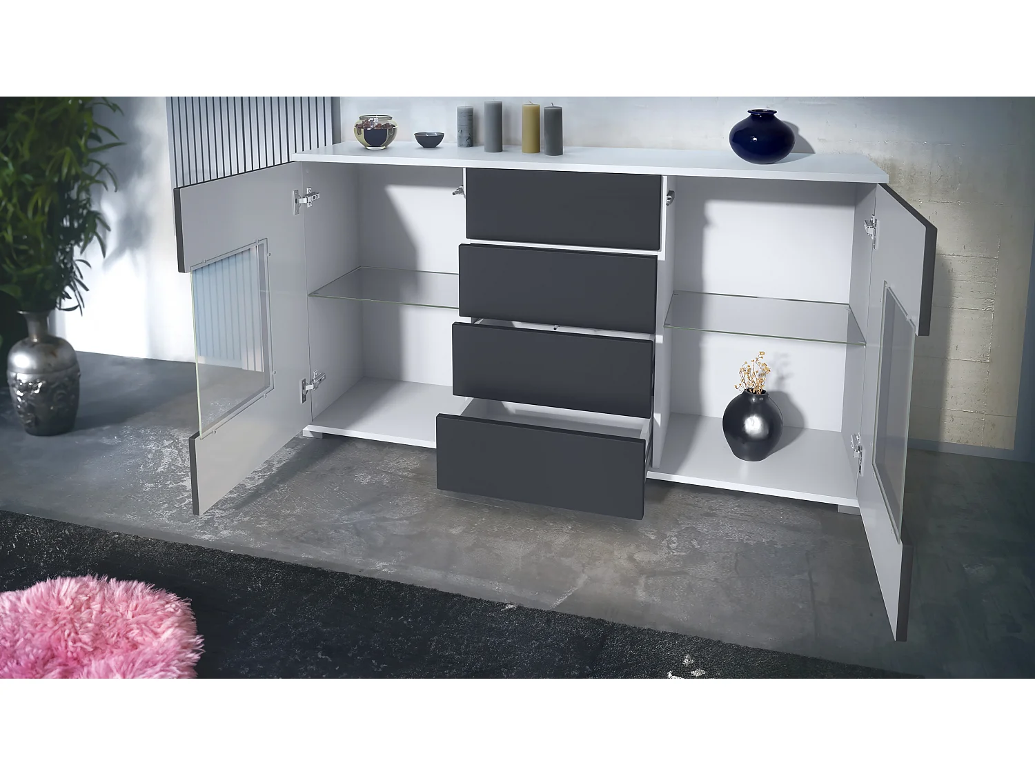 Buffet Grömitz V1 – Meuble avec 2 Grandes Portes et 4 Tiroirs, blanc mat/crème haute brillance (138,5 x 75,5 x 35)