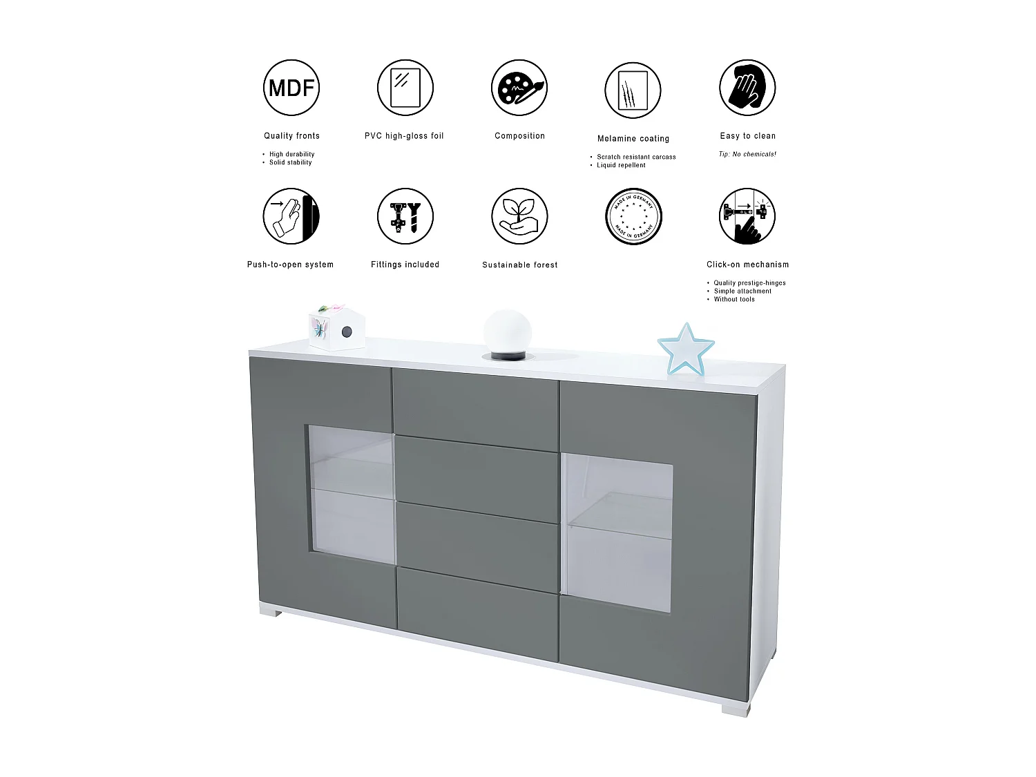 Buffet Grömitz V1 – Meuble avec 2 Grandes Portes et 4 Tiroirs, blanc mat/crème haute brillance (138,5 x 75,5 x 35)