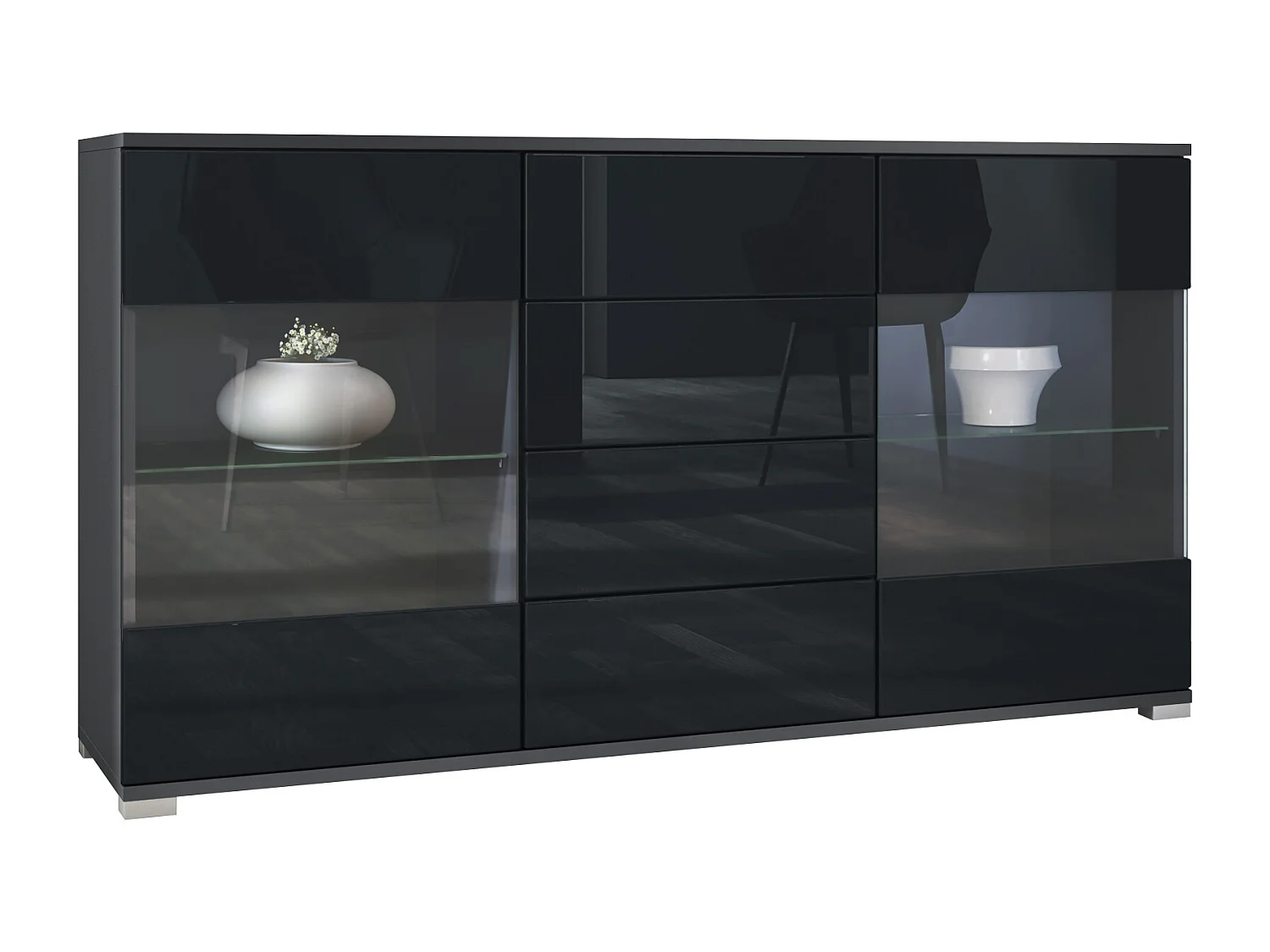 Buffet Bari V1 – Meuble avec 2 Grandes Portes et 4 Tiroirs, anthracite mat/noir haute brillance (138,5 x 75,5 x 35)