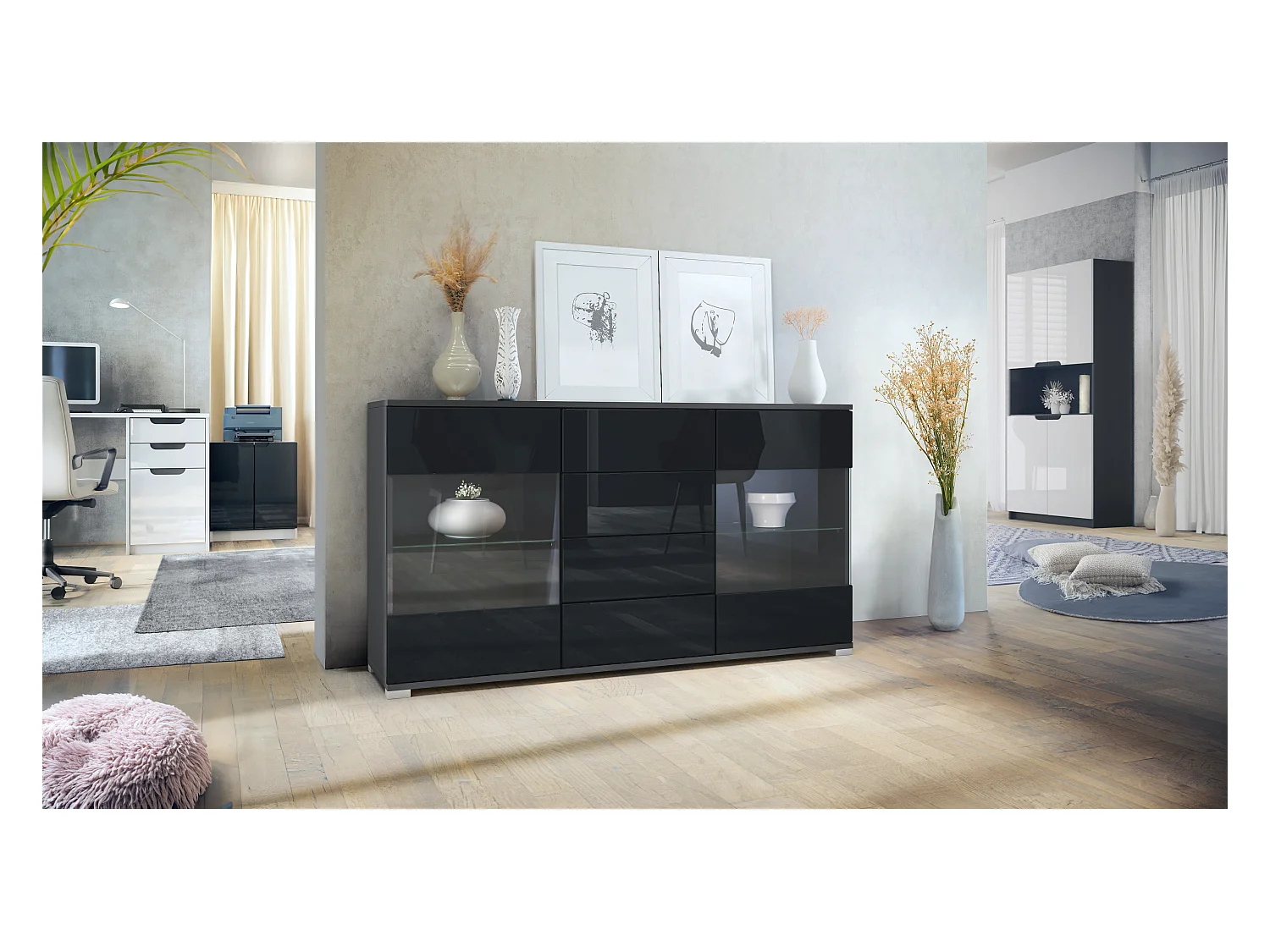 Buffet Bari V1 – Meuble avec 2 Grandes Portes et 4 Tiroirs, anthracite mat/noir haute brillance (138,5 x 75,5 x 35)