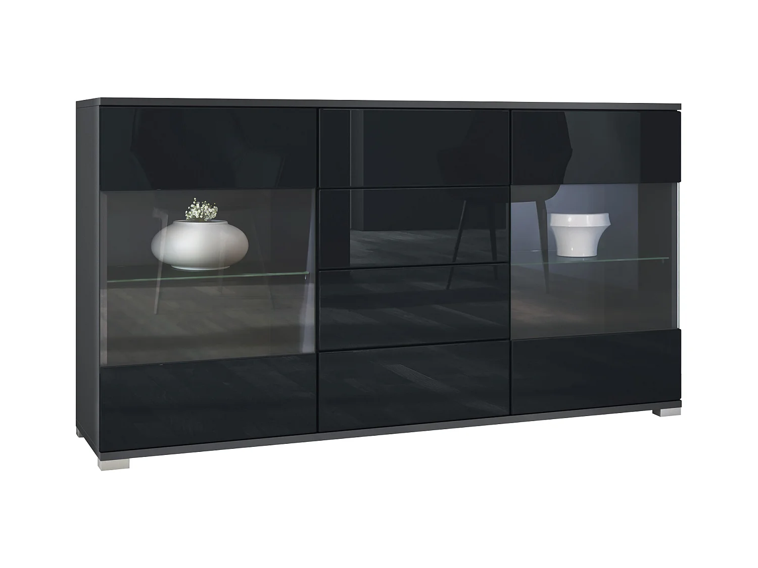 Aparador Bari V1 – Mueble con 2 Puertas Grandes y 4 Cajones, antracita mate/negro de alto brillo (138,5 x 75,5 x 35)