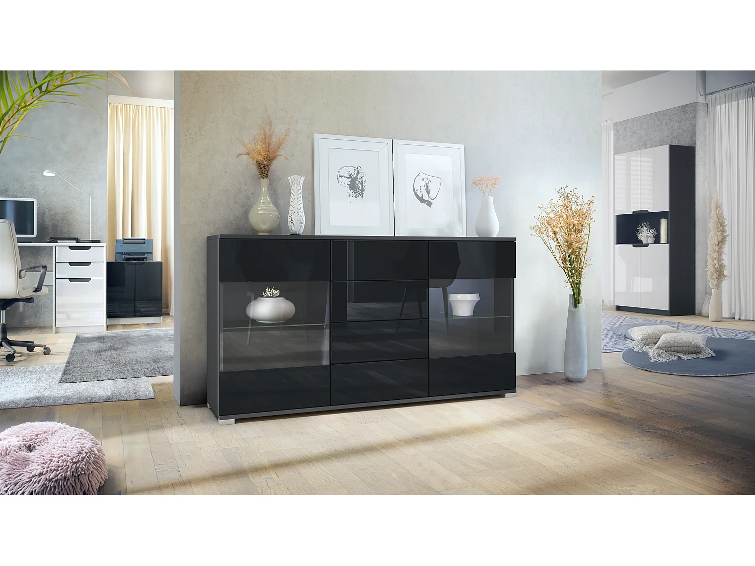 Buffet Bari V1 – Meuble avec 2 Grandes Portes et 4 Tiroirs, anthracite mat/noir haute brillance (138,5 x 75,5 x 35)