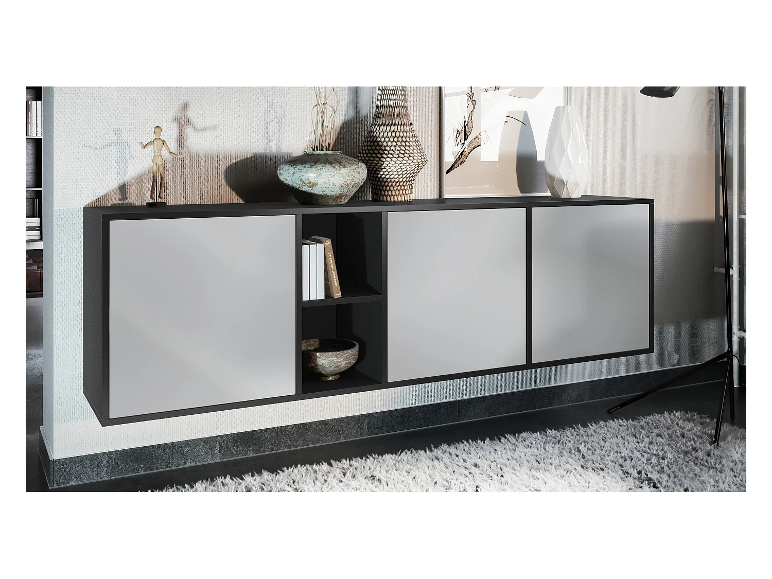 Commode Cuba - noir mat/gris clair satiné mat - Buffet moderne pour votre salon - (LxHxP) 182x53x35 cm