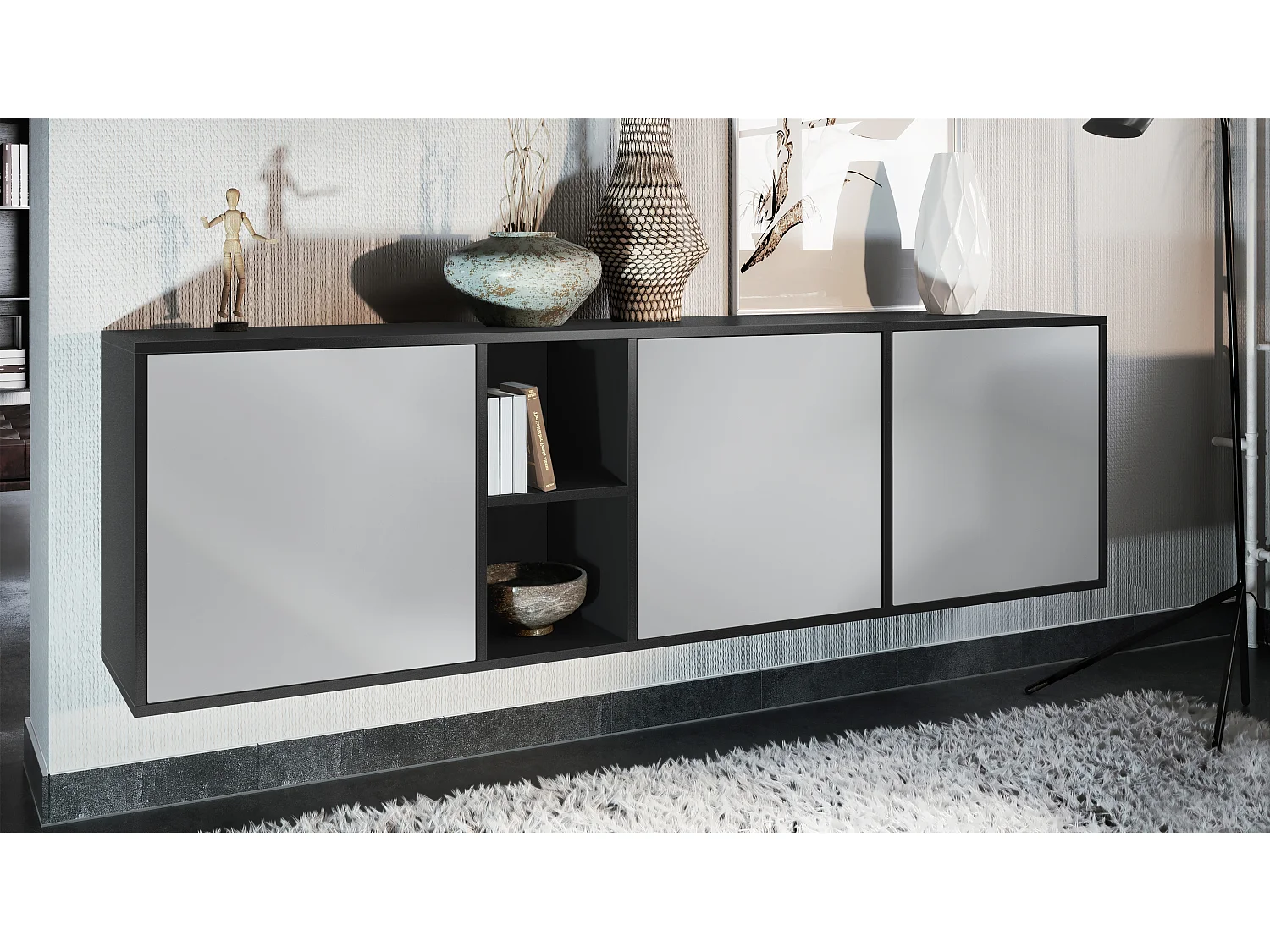 Vladon Cassettiera Cuba - nero opaco/grigio chiaro semilucido - Credenza moderna per la zona giorno - (LxAxP) 182x53x35 cm