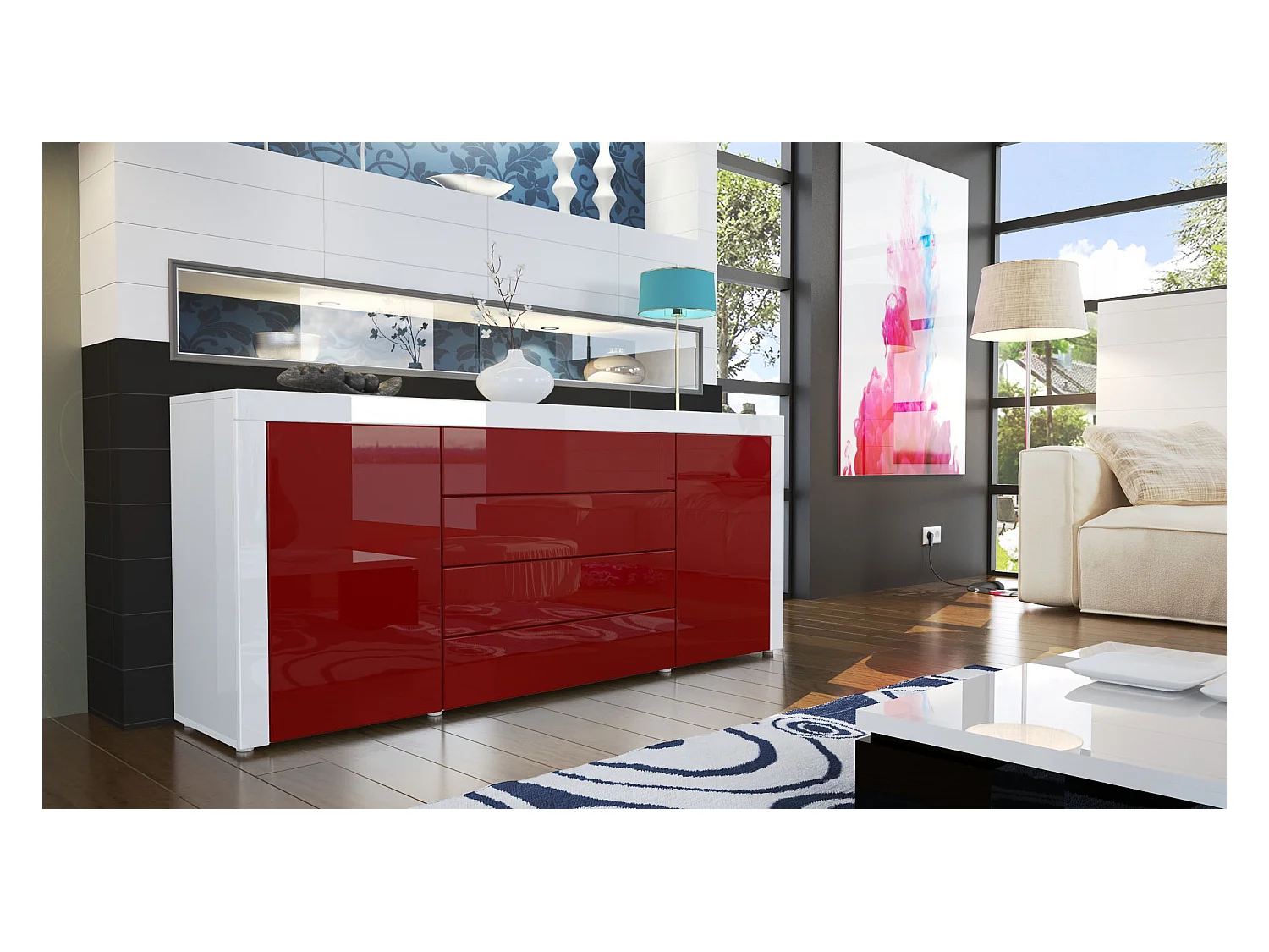 Buffet commode La Paz, Corps en Blanc haute brillance / Façades en bordeaux haute brillance avec une bordure en blanc haute brillance