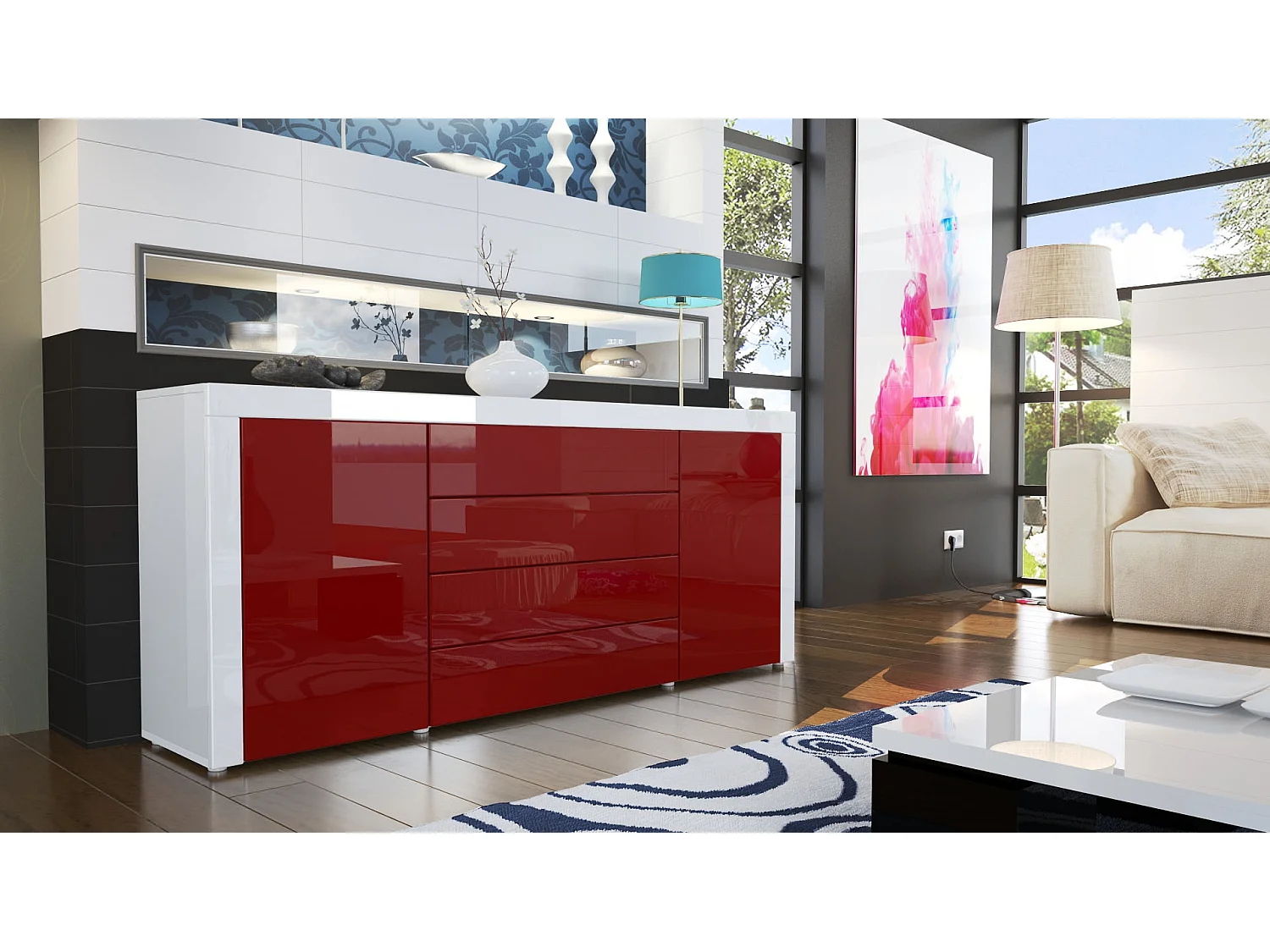 Cassettiera La Paz, struttura in bianco / frontale in bordeaux lucido con cornice in bianco lucido.