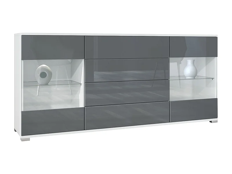 Buffet Bari V2 – Meuble avec 2 Grandes Portes et 4 Tiroirs, blanc mat/gris haute brillance (166,5 x 75,5 x 35)