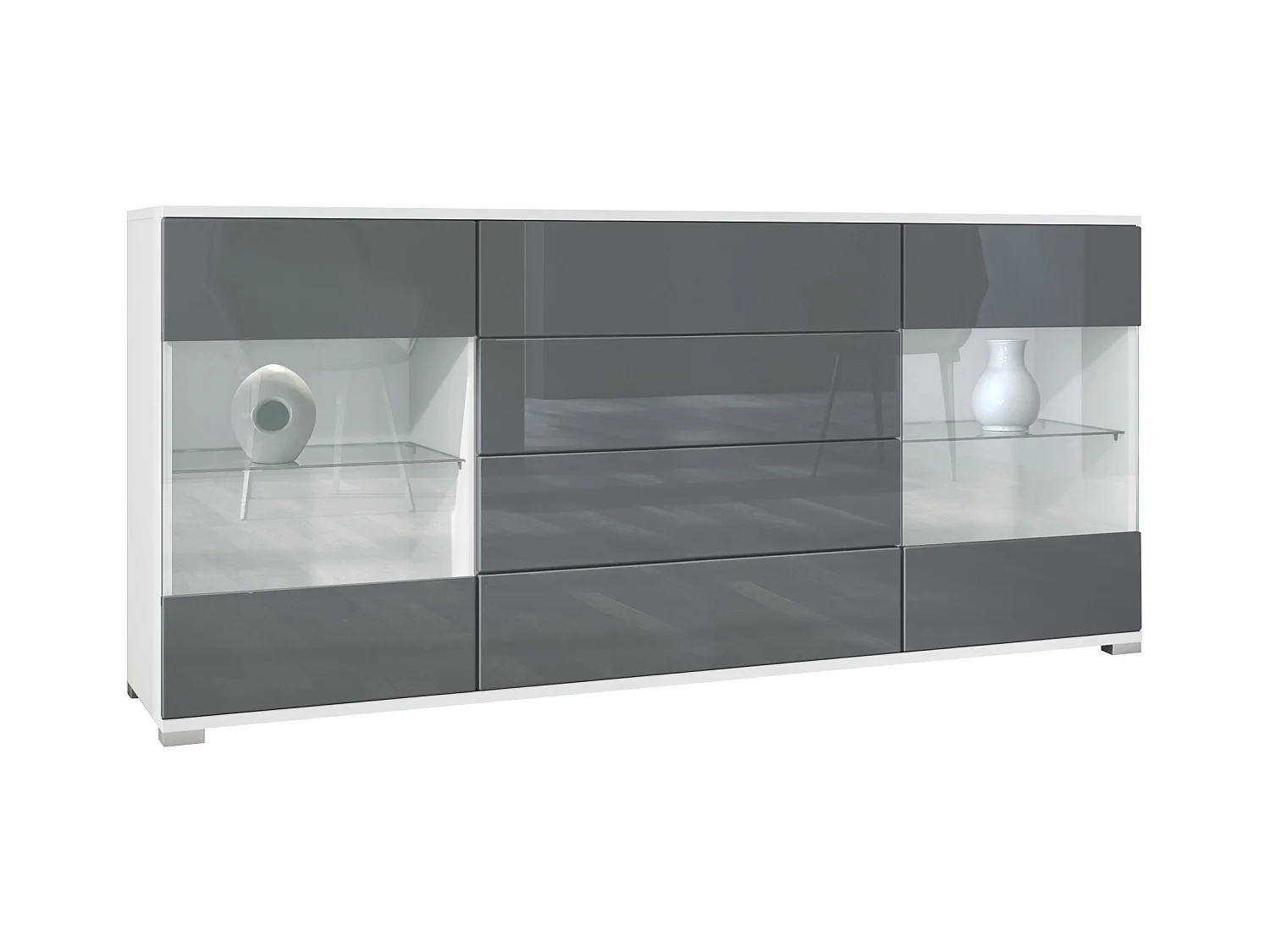 Buffet Bari V2 – Meuble avec 2 Grandes Portes et 4 Tiroirs, blanc mat/gris haute brillance (166,5 x 75,5 x 35)