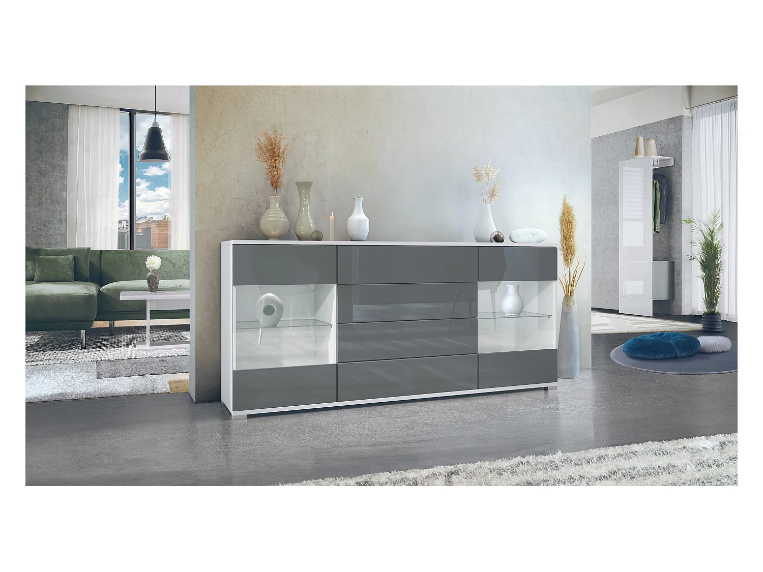 Buffet Bari V2 – Meuble avec 2 Grandes Portes et 4 Tiroirs, blanc mat/gris haute brillance (166,5 x 75,5 x 35)