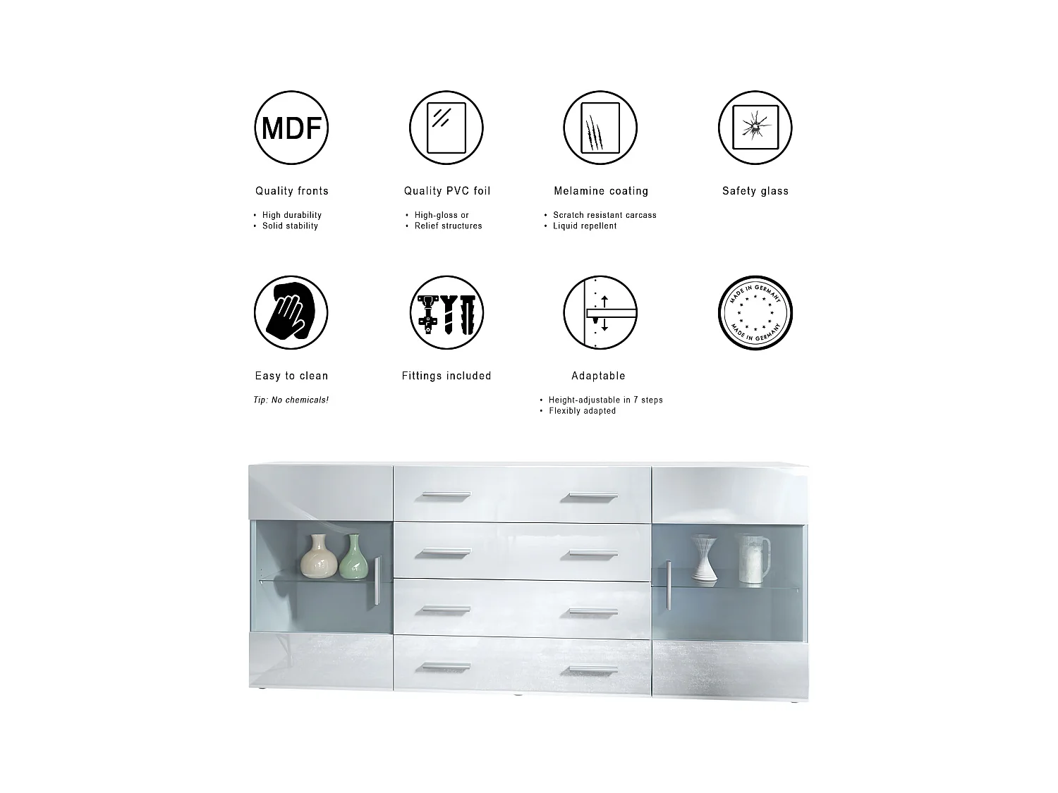 Buffet Bari V2 – Meuble avec 2 Grandes Portes et 4 Tiroirs, blanc mat/gris haute brillance (166,5 x 75,5 x 35)