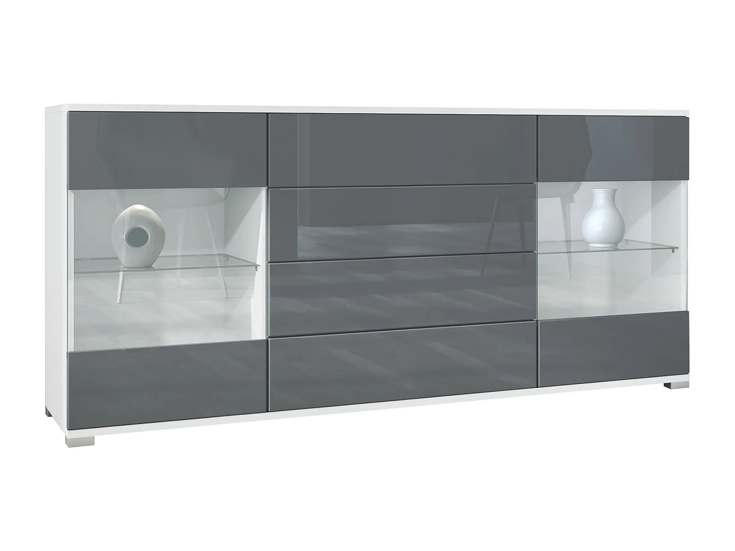 Buffet Bari V2 – Meuble avec 2 Grandes Portes et 4 Tiroirs, blanc mat/gris haute brillance (166,5 x 75,5 x 35)