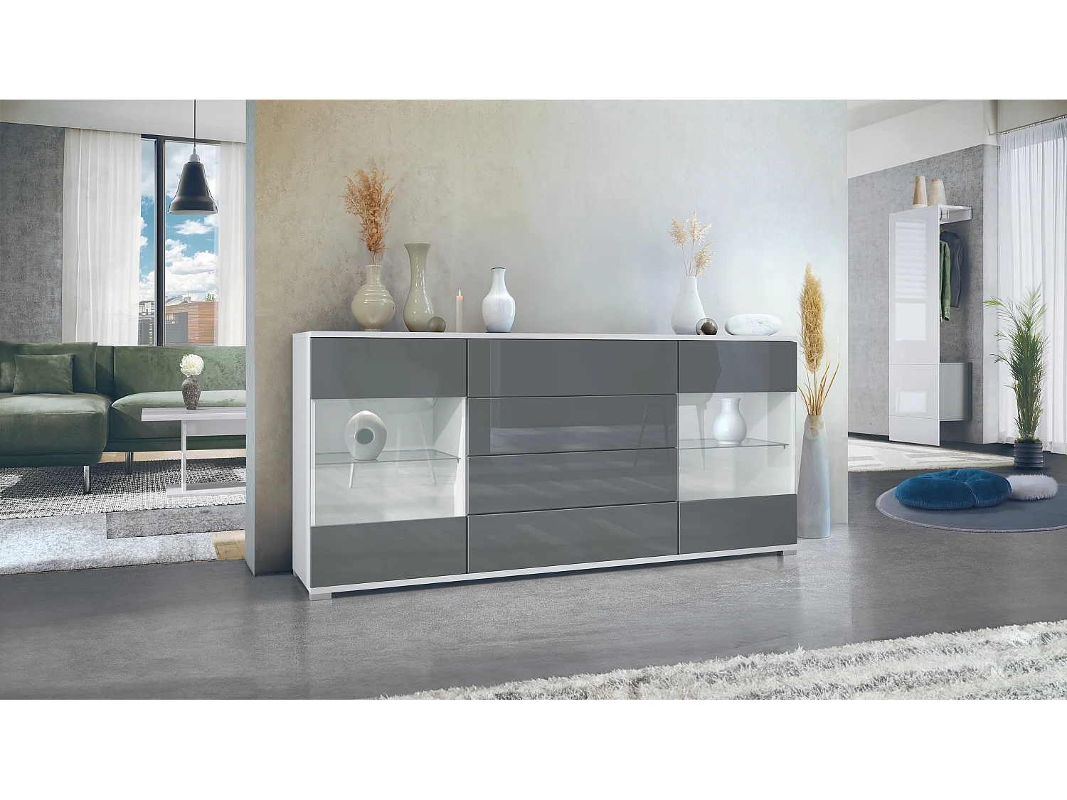 Buffet Bari V2 – Meuble avec 2 Grandes Portes et 4 Tiroirs, blanc mat/gris haute brillance (166,5 x 75,5 x 35)
