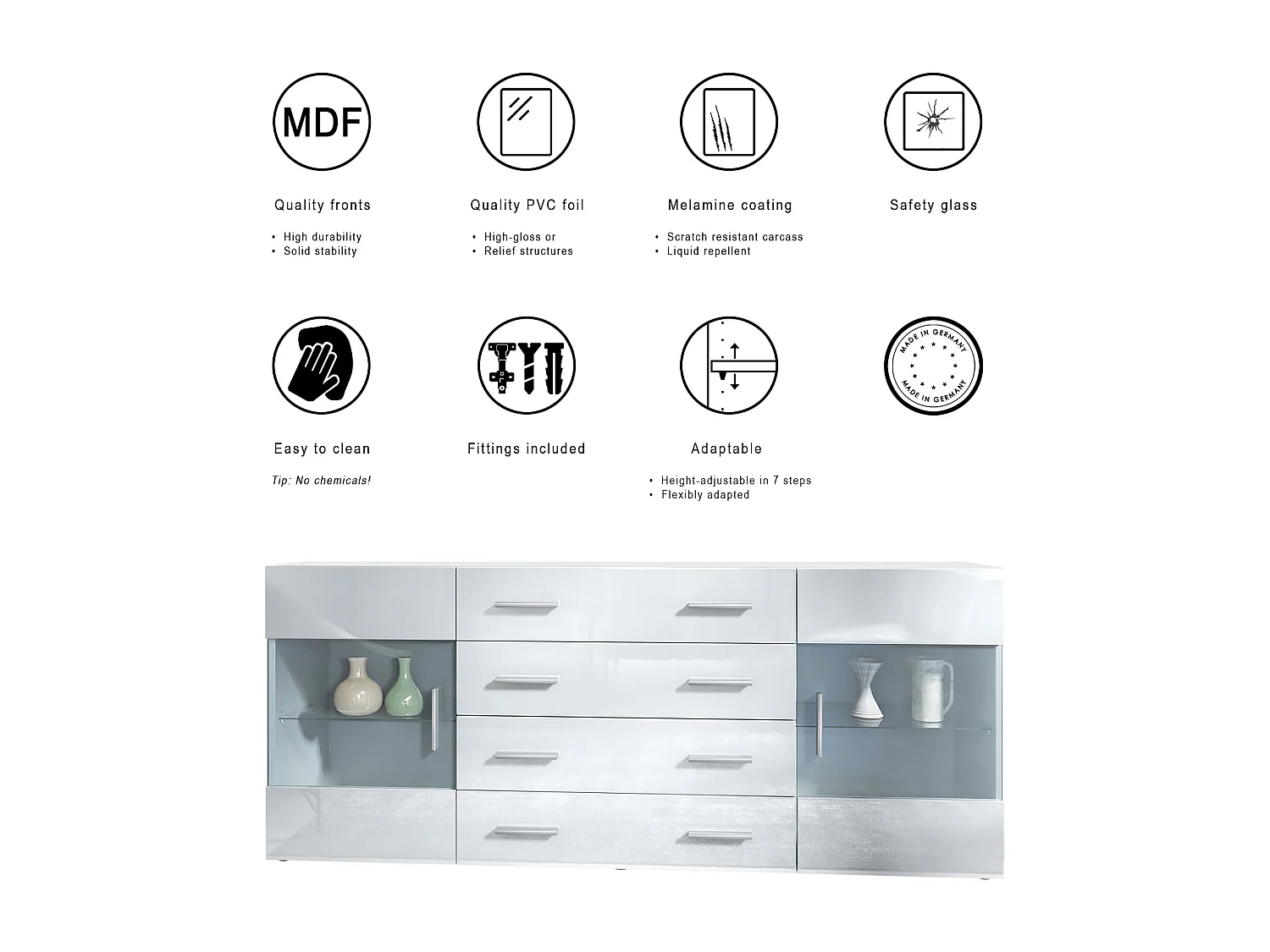 Buffet Bari V2 – Meuble avec 2 Grandes Portes et 4 Tiroirs, blanc mat/gris haute brillance (166,5 x 75,5 x 35)