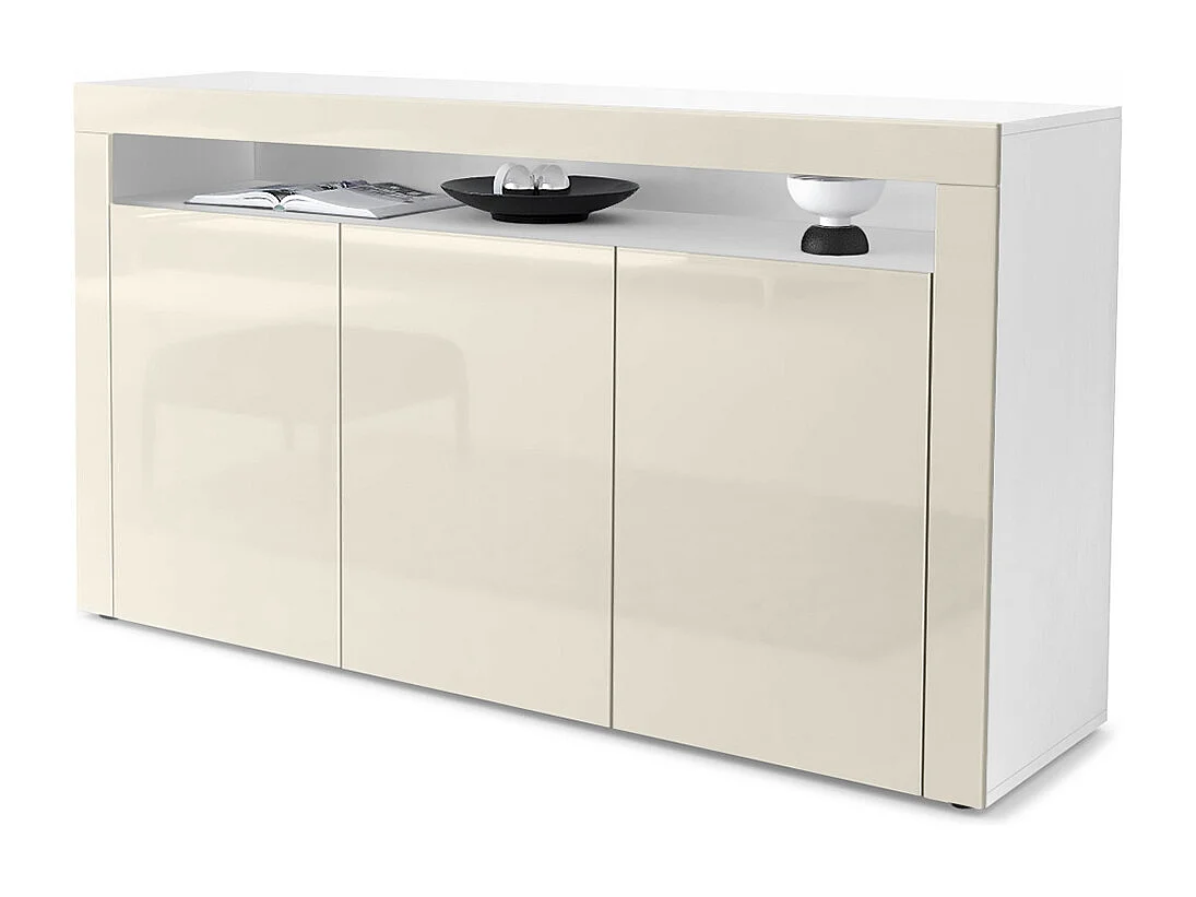 Madia  Valencia, mobile a 3 ante e 1 scomparto aperto, bianco opaco/beige lucido/beige lucido (155 x 92 x 40 cm)