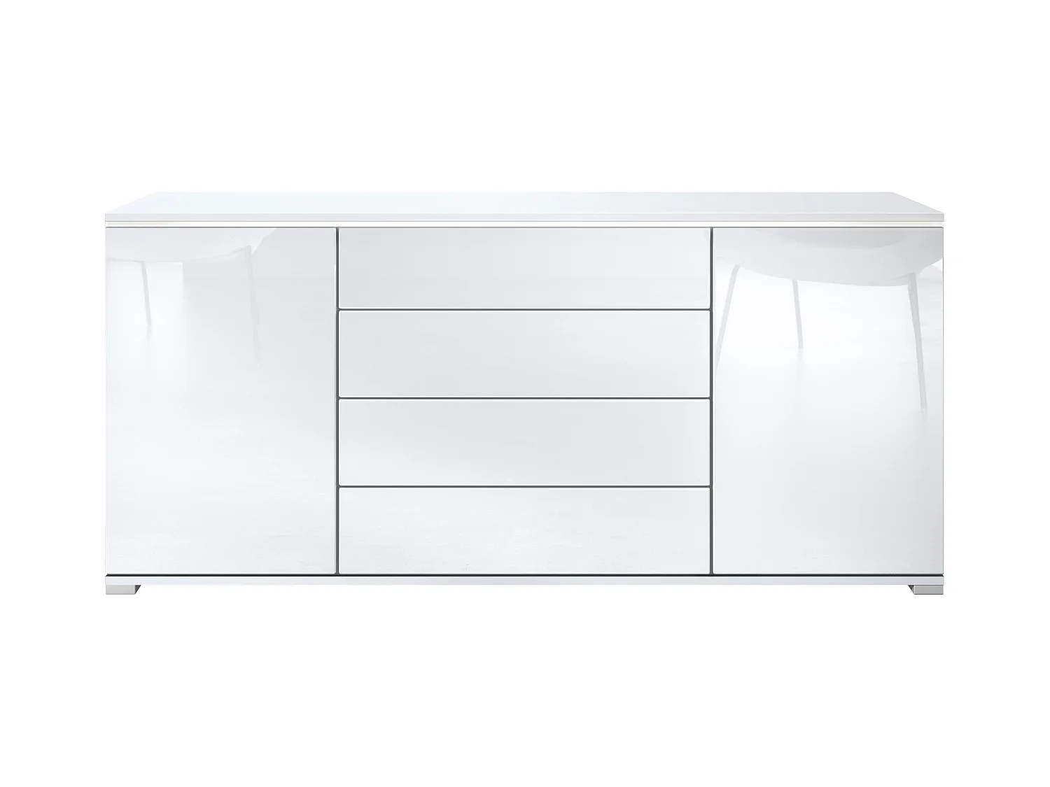 Buffet Faro V2 – Meuble avec 2 Portes & 4 Tiroirs, Armoire avec Bande LED Lumineuse, blanc mat / blanc haute brillance (166,5 x 75,5 x 35)